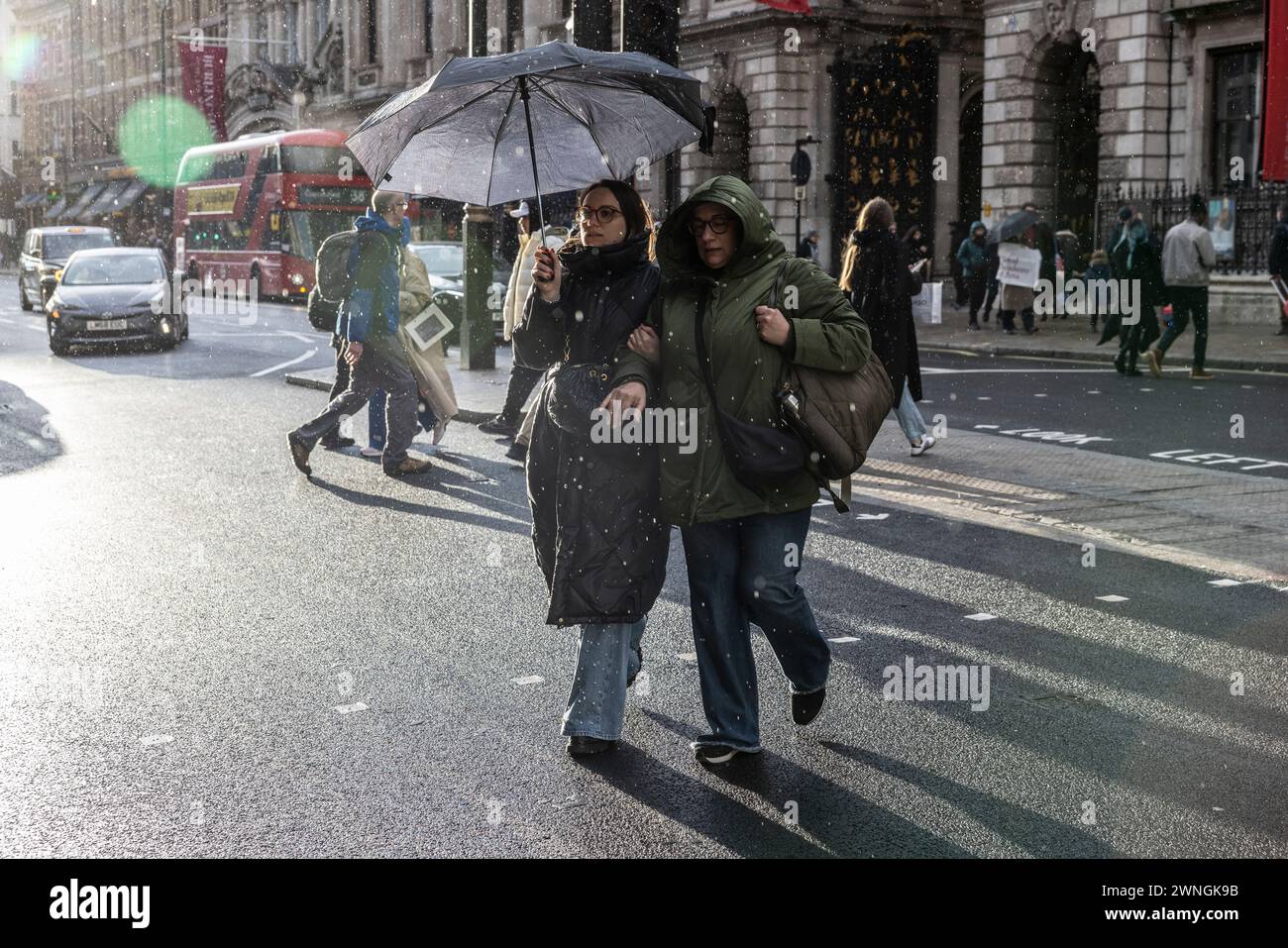 Fußgänger unterkommen unter Regenschirmen, während sie sich bei Regenschauer in London, Großbritannien, am Kaufhaus Fortnum & Mason auf Piccadilly vorbeibewegen Stockfoto Fußgänger unterkommen unter Regenschirmen, während sie sich bei Regenschauer in London, Großbritannien, am Kaufhaus Fortnum & Mason auf Piccadilly vorbeibewegen Stockfoto