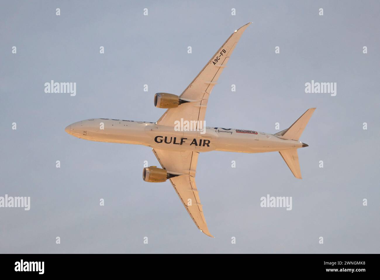 Sakhir, Bahrain. März 2024. Eine Gulf Air Boeing 787 Dreamliner fliegt während einer Demonstrationsflugshow vor dem Start des Formel-1-Grand Prix von Bahrain über die Wüste Sakhir. Gulf Air ist die staatliche Fluggesellschaft des Königreichs Bahrain. (Kreditbild: © Taidgh Barron/ZUMA Press Wire) NUR REDAKTIONELLE VERWENDUNG! Nicht für kommerzielle ZWECKE! Stockfoto