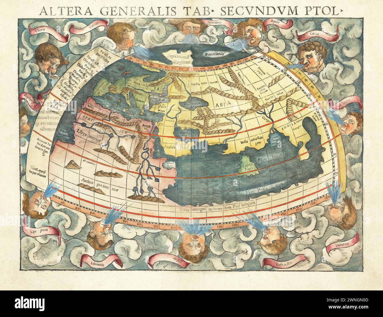 Vintage historische illustrierte Weltkarte. Ptolemäische Weltkarte von Sebastian Münster, aus Münsters Ausgabe der Geographia, um 1550er Jahre Stockfoto