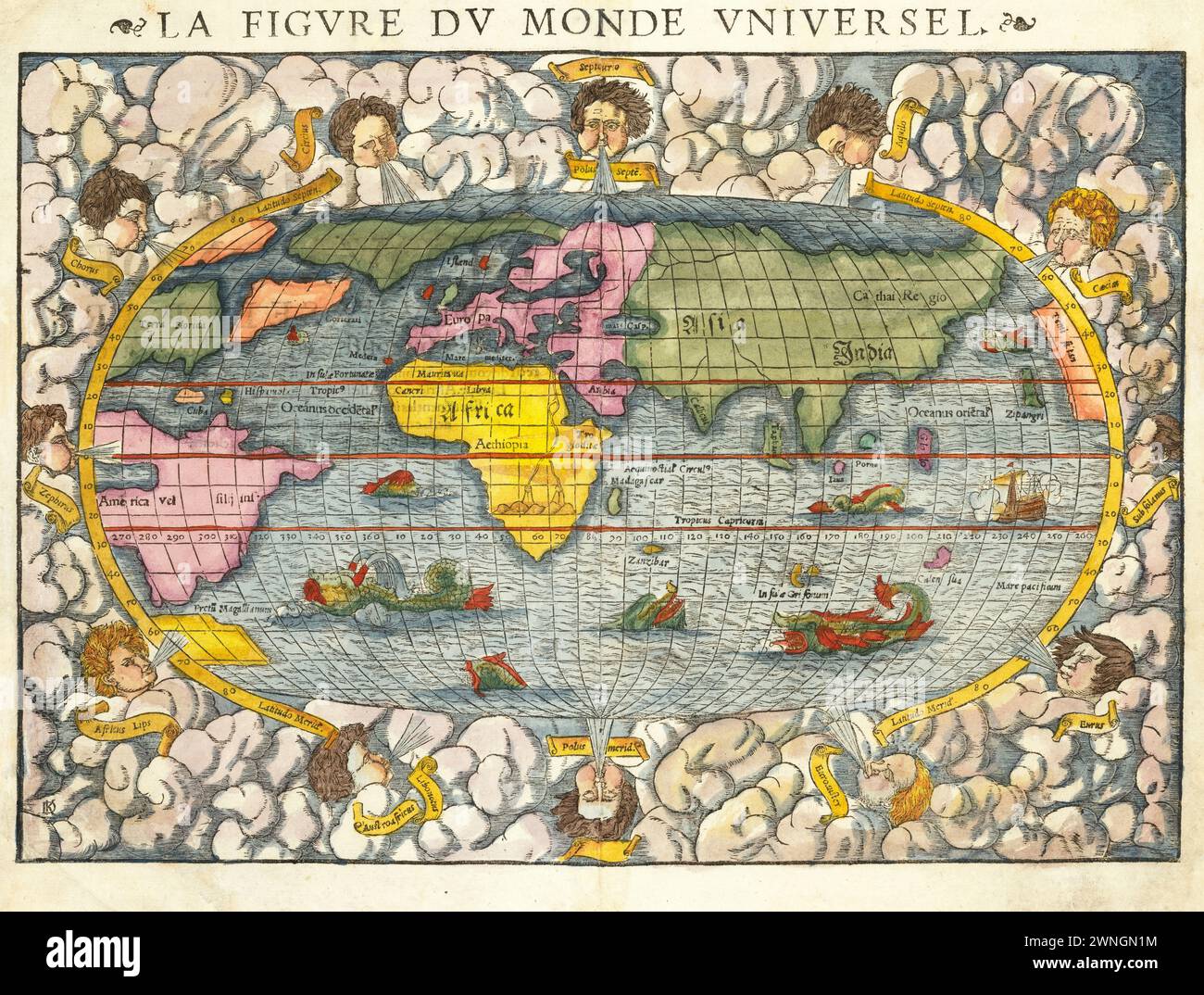 Vintage Illustrierte Weltkarte. Erste Ausgabe von Munsters Weltkarte, aus dem zweiten Holzblock, um 1552. Mit dem Titel „La Figure du Monde Universel“. Stockfoto