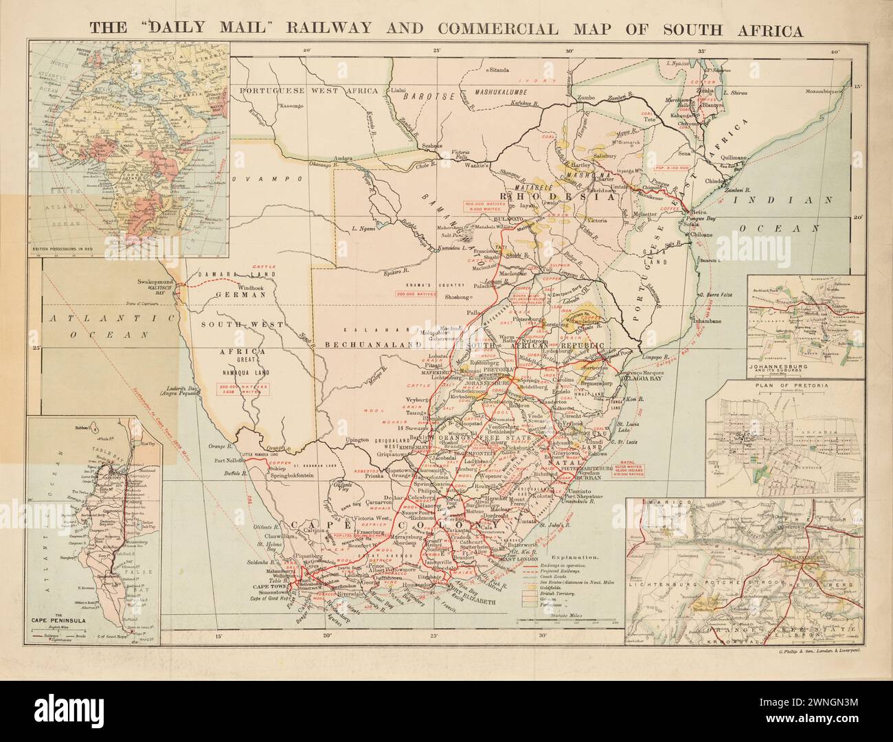 Vintage-Karte. Die 'Daily Mail' Railway und kommerzielle Karte von Südafrika. 1899 Stockfoto