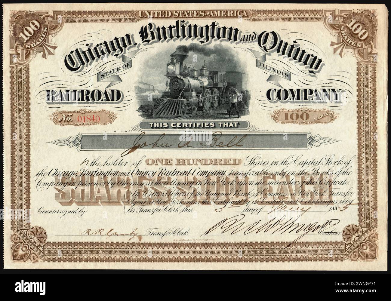 Börsenzertifikat der Chicago, Burlington and Quincy Railroad Company, 1885. Stockfoto