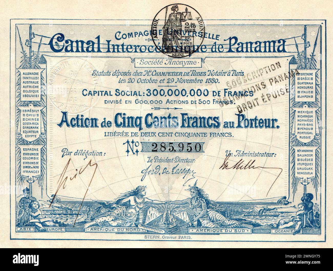 Verpflichtung in Höhe von 500 Francs des Panamakanals, ausgestellt am 20./29. November 1880. Stockfoto