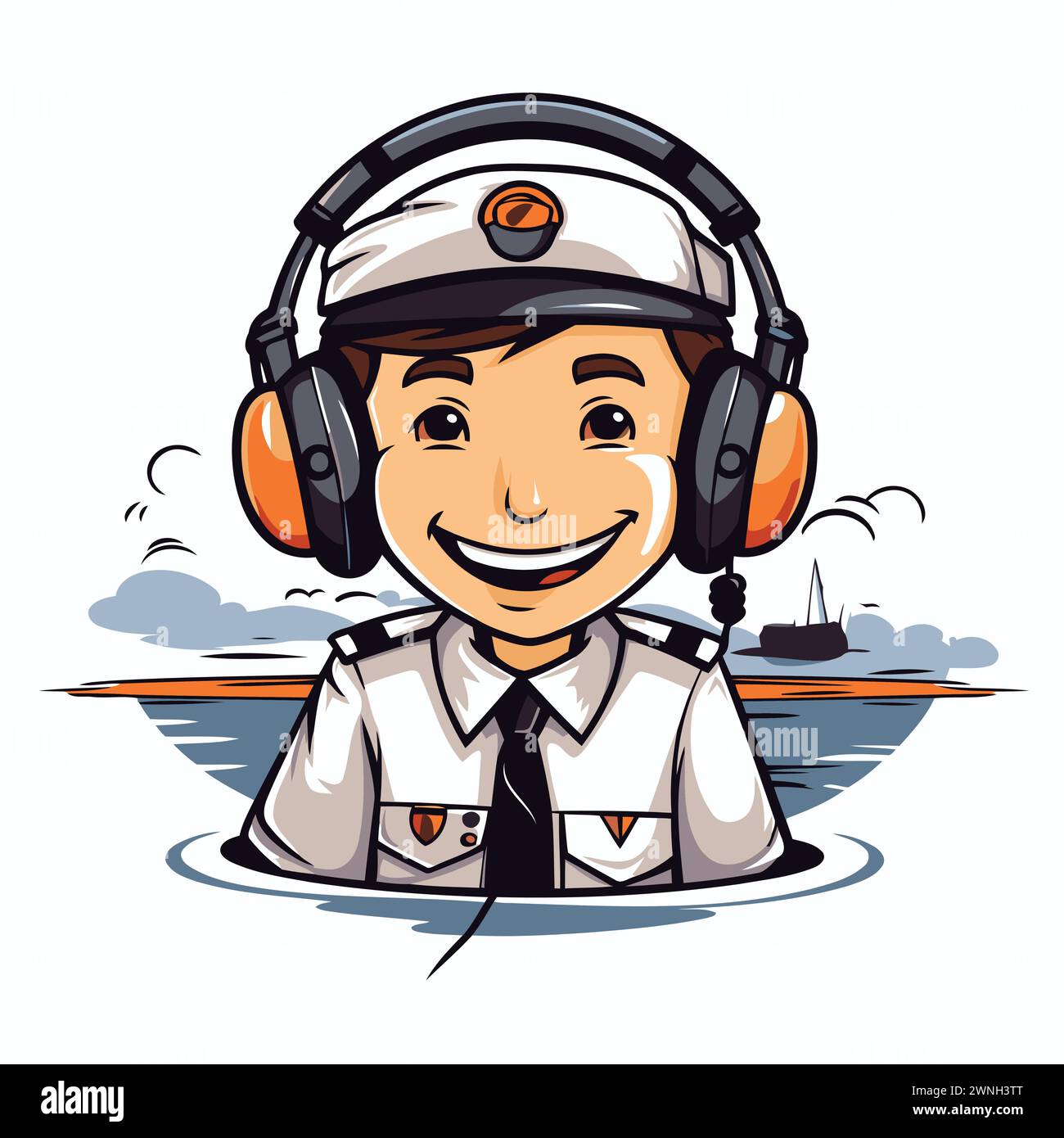 Lächelnder Junge in einer Pilotenmütze mit Kopfhörern. Vektorabbildung. Stock Vektor