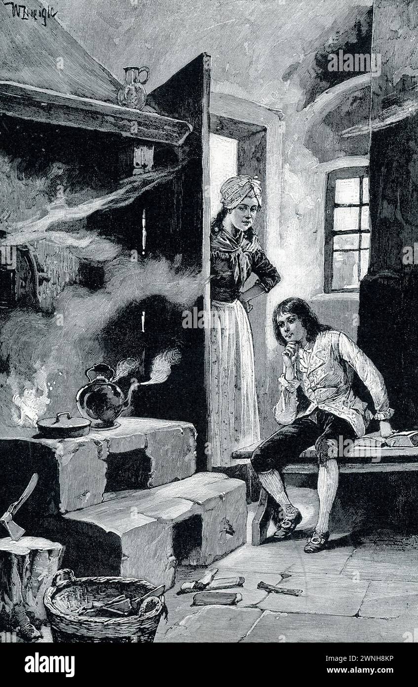WATT ENTDECKT DIE KRAFT DES DAMPFES. – Dies ist eine neue und hübsche Vorstellung der oft erzählten Geschichte. Als James Watt (1736–1819), der Erfinder der Dampfmaschine, nur ein Junge war, fing er die Idee auf, Dampfarbeit für den Menschen zu machen. Seine ältere Schwester sagt, sie sah ihn am Kamin in ihrem Landhaus, beobachtete den sprudelnden Wasserkocher mit seinem tanzenden Deckel und staunte über seine starke Kraft. Stockfoto