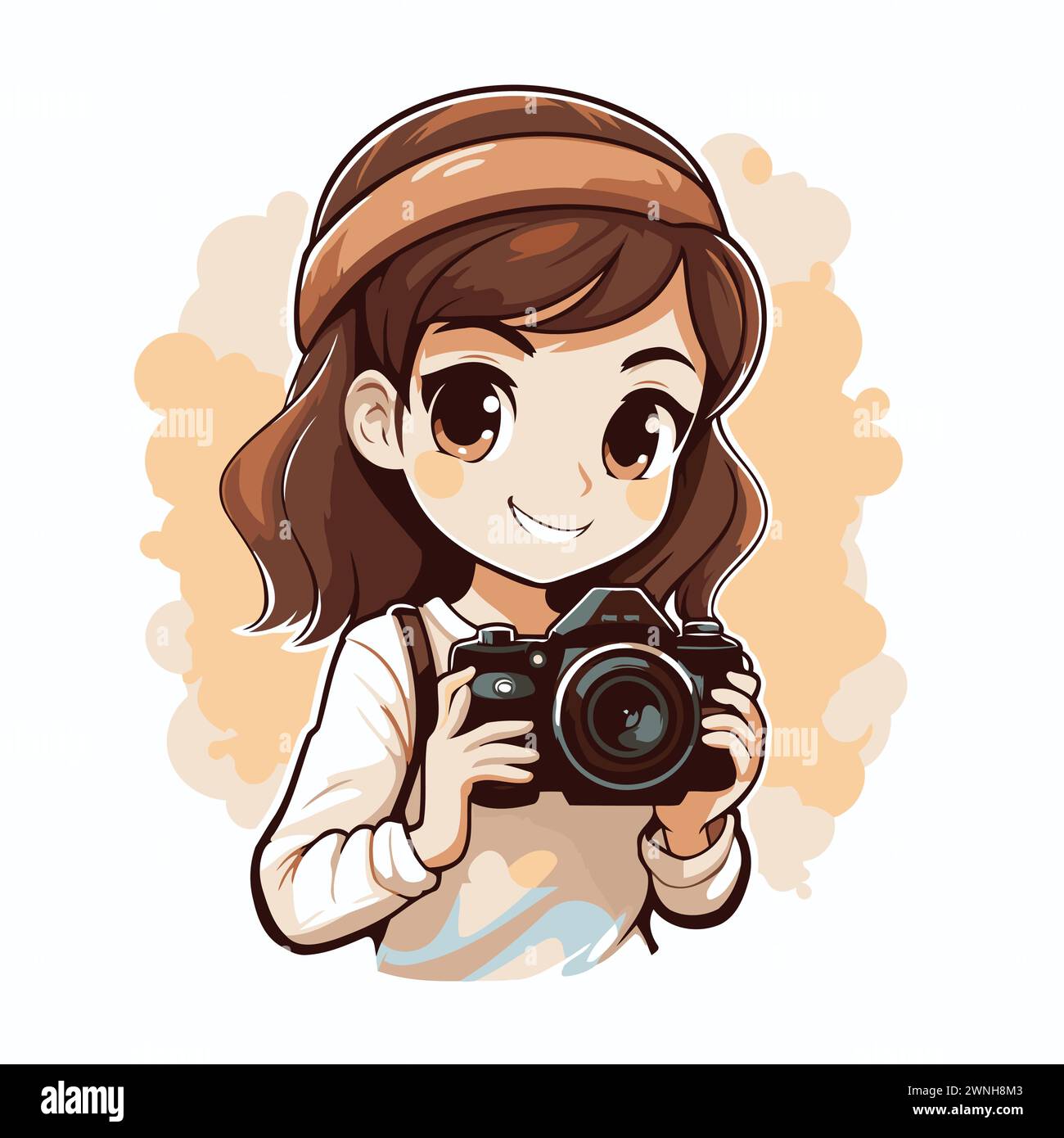 Süßes kleines Mädchen, das eine Kamera hält und lächelt. Vektorabbildung. Stock Vektor