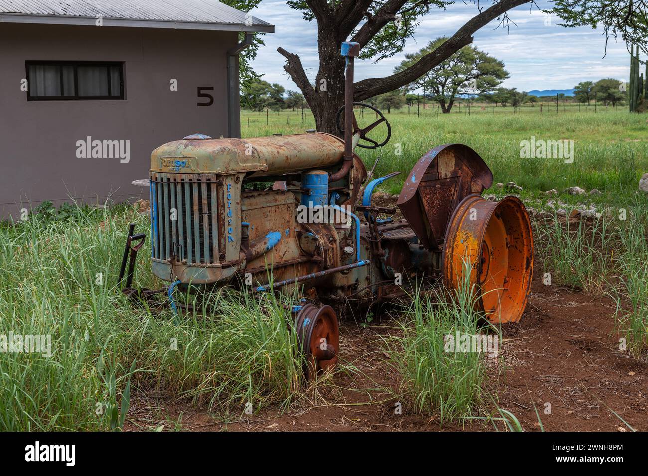 Old Fordson Major Traktor auf einer Wiese, Otavi, Namibia Stockfoto