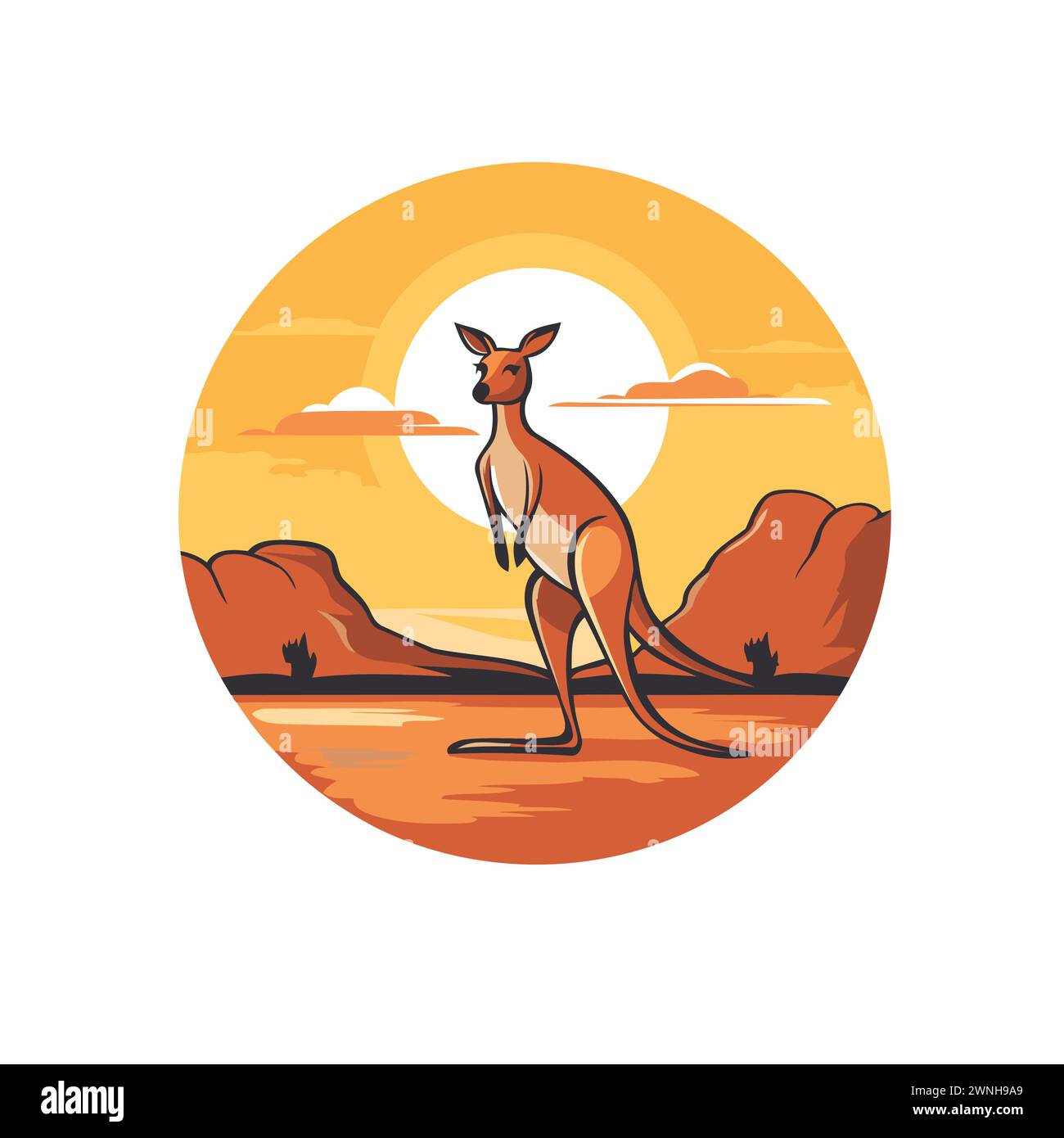 Känguru-Symbol. Vektorillustration eines Känguruhs bei Sonnenuntergang. Stock Vektor
