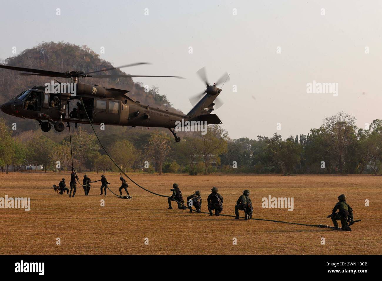 Soldaten der Royal Thai Army mit dem Special Warfare Command der Royal Thai Army sichern das Seil, um einen Landebereich für die US Army UH-60 Blackhawk zu räumen, der dem 2-158. Sturmhubschrauber-Bataillon, 16. Kampfluftbrigade, 7. Infanteriedivision, während des schnellen Seileinführungs- und Extraktionssystems (POMMES), Lop Buri, Thailand, zugewiesen wurde. Februar 2024, während der jährlichen Cobra Gold 2024 Übung. Cobra Gold ist ein positives Beispiel für multilaterale Zusammenarbeit und steht in krassem Gegensatz zu anderen Beispielen in der Region, die die internationale regelbasierte Ordnung durch expansive und selbstbewusste Sicherheit in Frage stellen Stockfoto