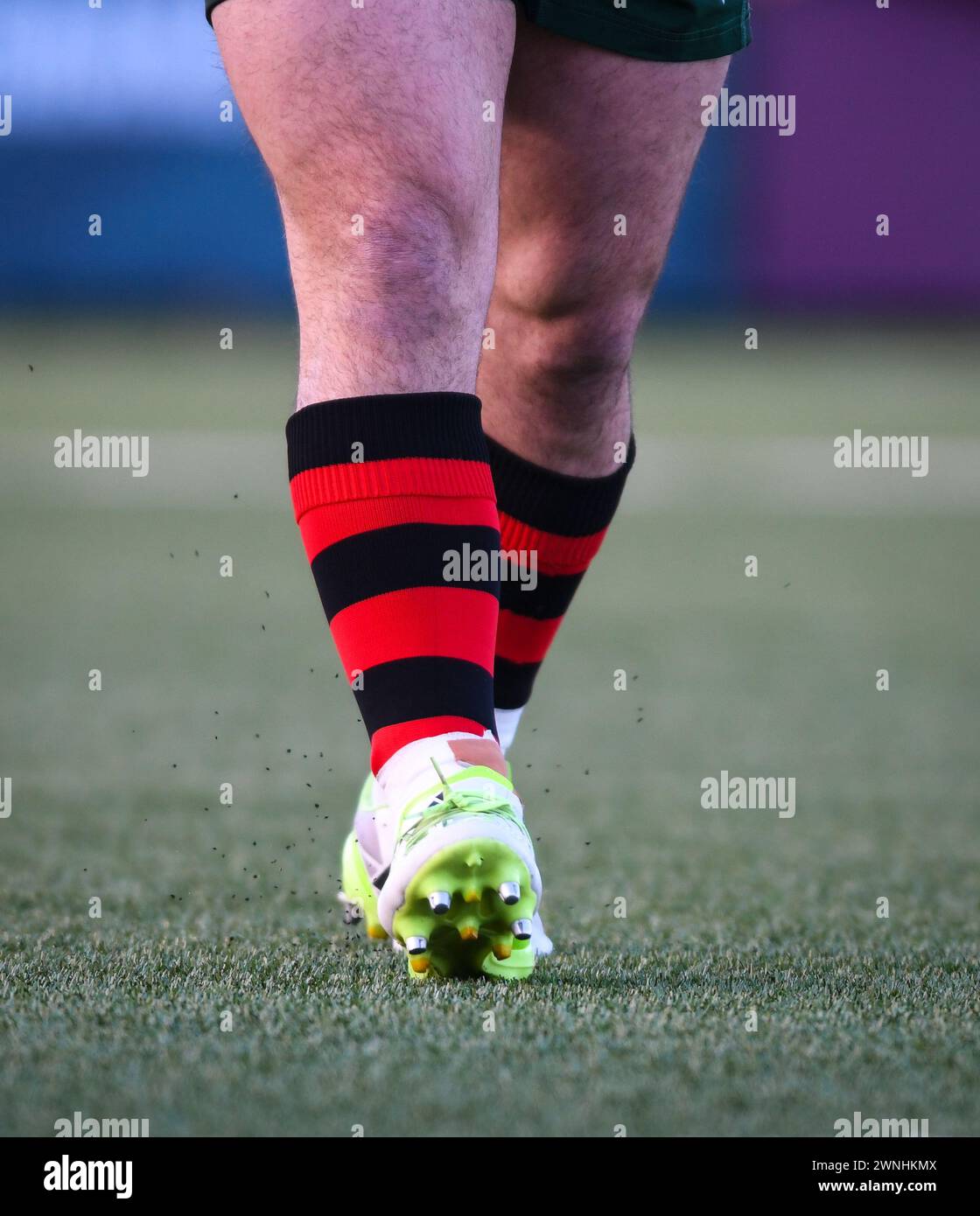 Galway, Irland. März 2024. Caolin Blade's Socken wurden im Rahmen der URC Origin Round getragen, um die Gemeinden und Menschen zu feiern, die die Karrieren von Hunderten von Rugbyspielern und -Trainern gestartet haben. Credit: Don Soules/Alamy Live News Stockfoto