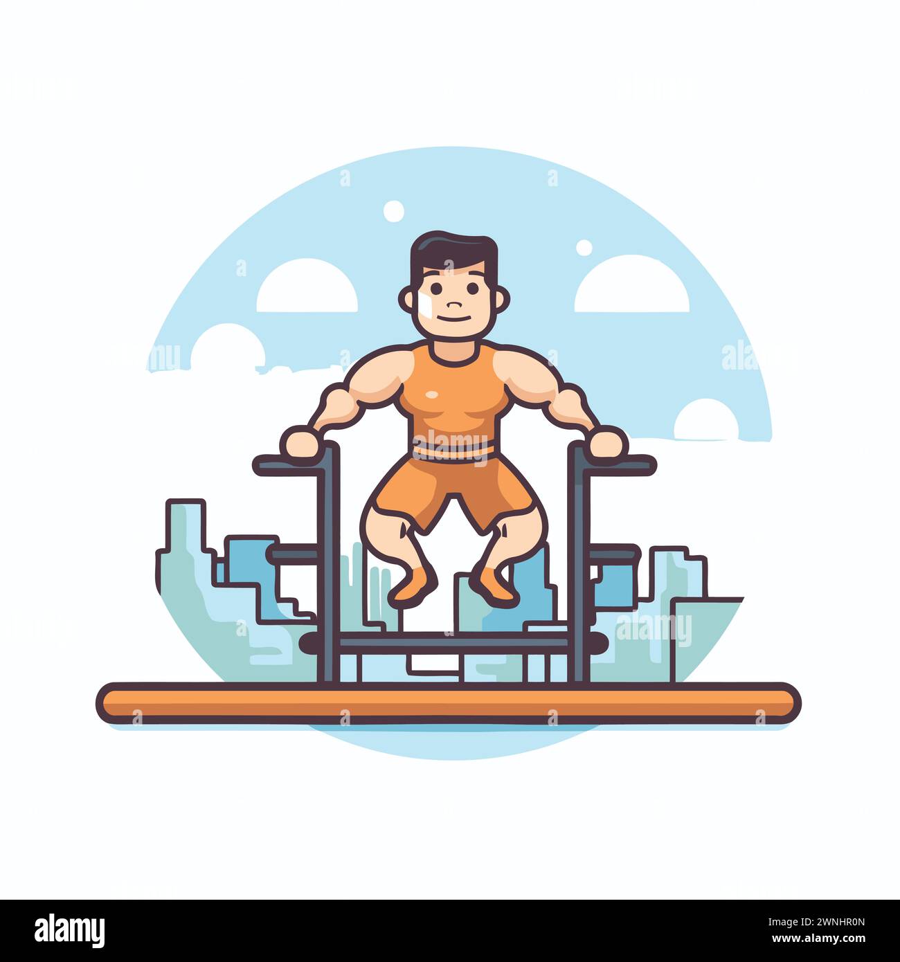 Fitness-Mann macht Übungen auf Crossfit-Maschine. Illustration des flachen Vektors. Stock Vektor