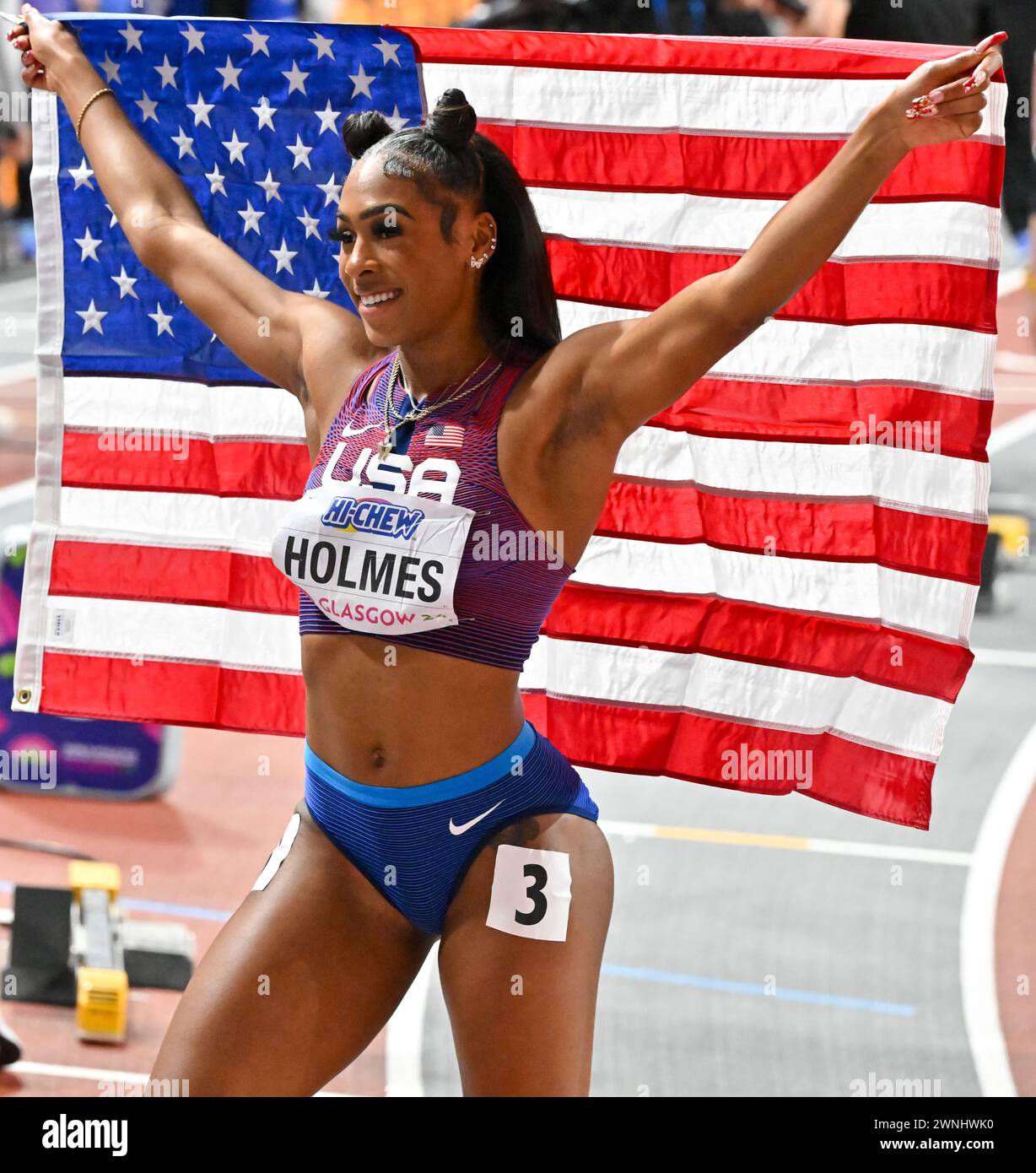 Glasgow, Schottland, Großbritannien. März 2024. Alexis HOLMES (USA) feiert den dritten Platz im 400-m-Finale der Frauen während der Hallenathletik-Weltmeisterschaft in der Emirates Arena in Glasgow, Schottland, Großbritannien. Quelle: LFP/Alamy Live News Stockfoto