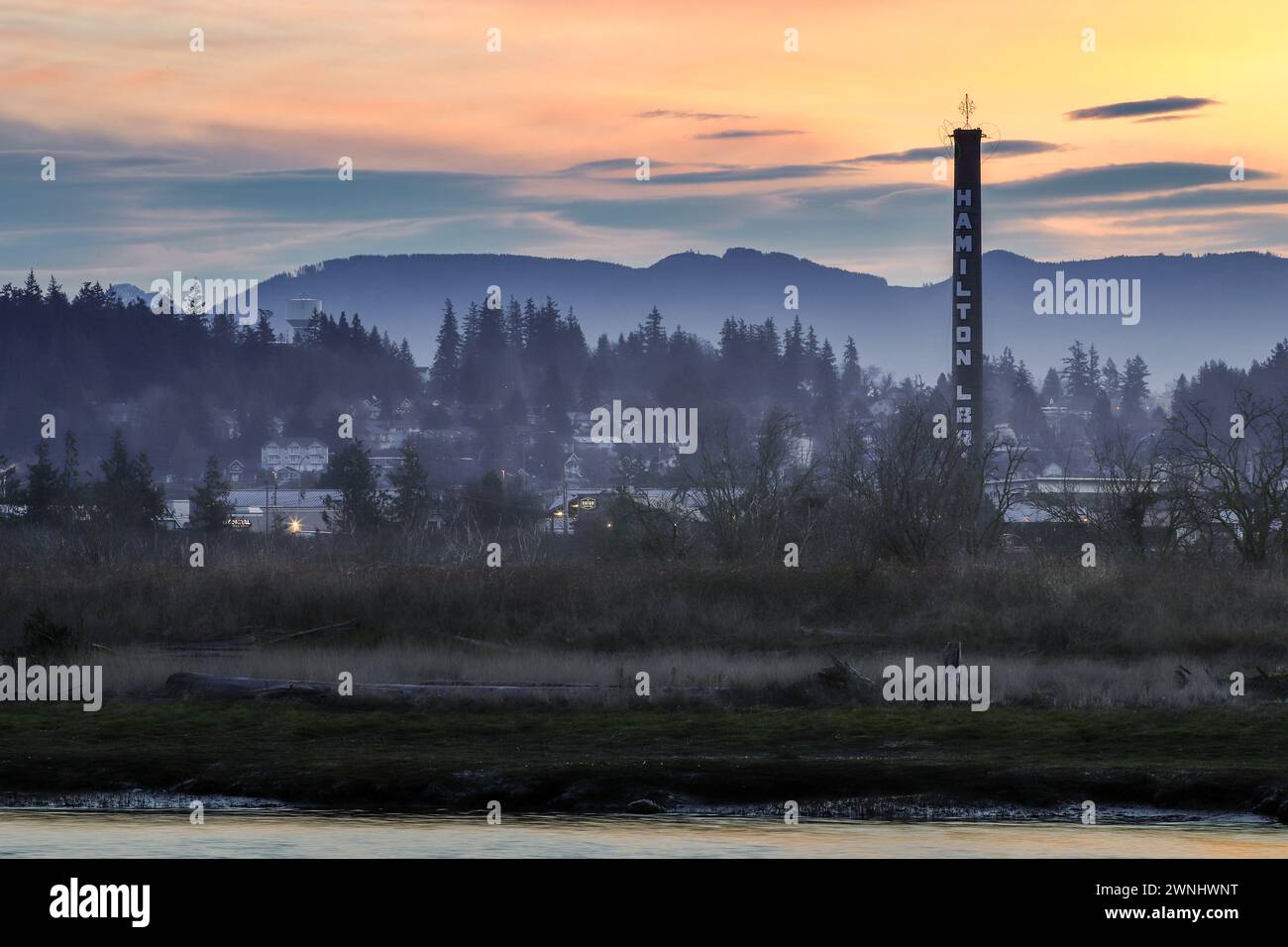 Stanwood WA Skyline am frühen Morgen an einem Wintertag Stockfoto