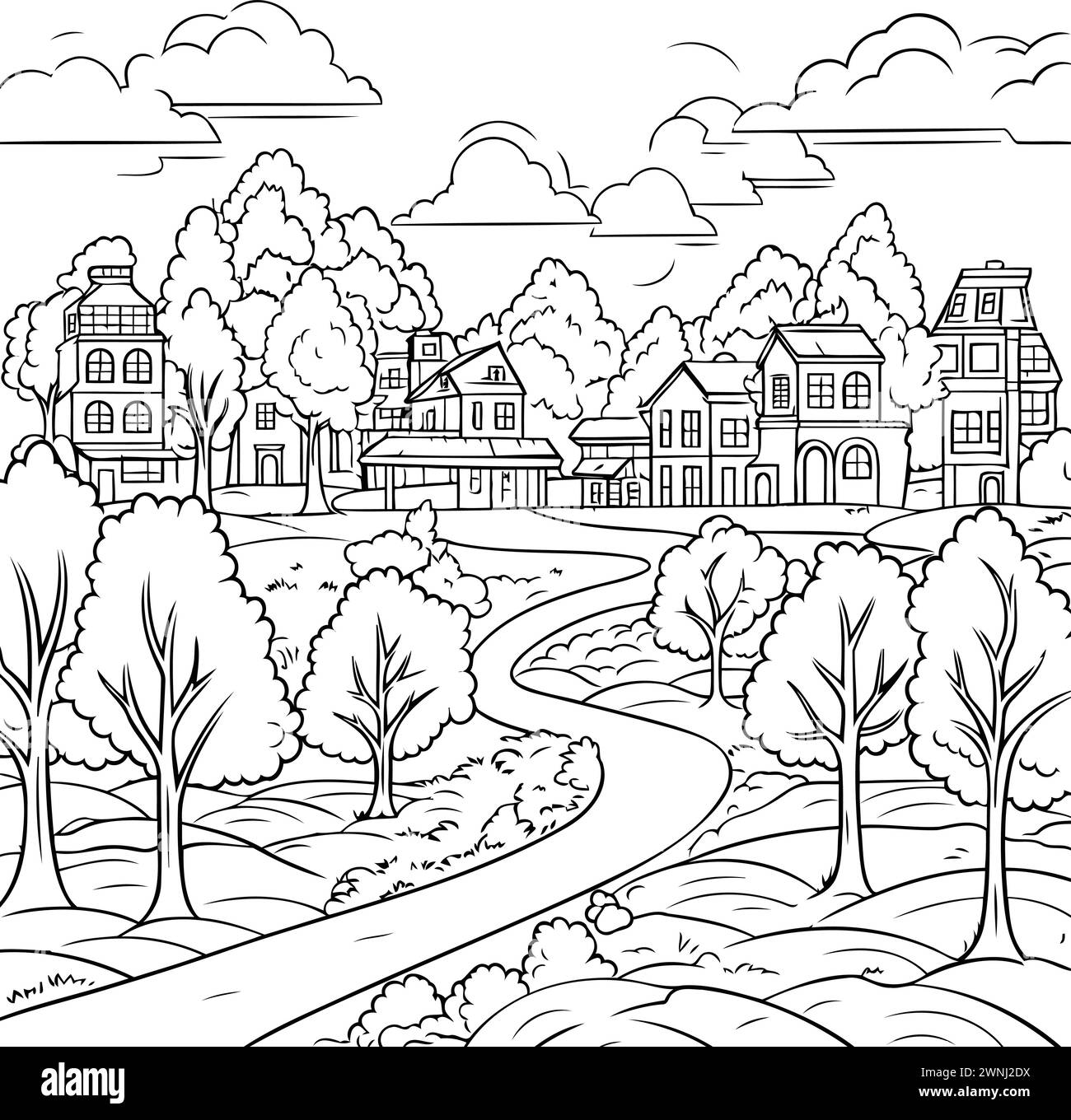 Wunderschöne Landschaft mit Häusern und Bäumen. Handgezeichnete Vektorgrafik. Stock Vektor