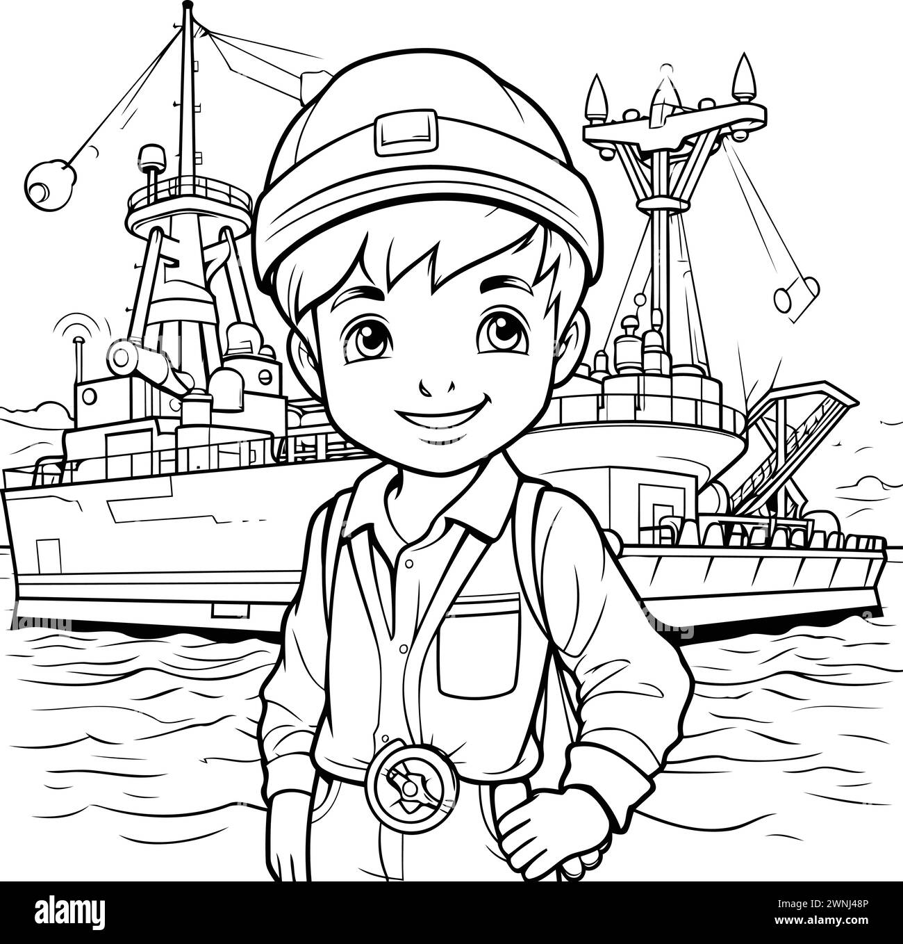 Schwarz-weiß-Zeichentrickillustration des Kid Boy Captain oder Sailor Charakters mit Seefrachtschiff auf Hintergrund Malbuch Stock Vektor