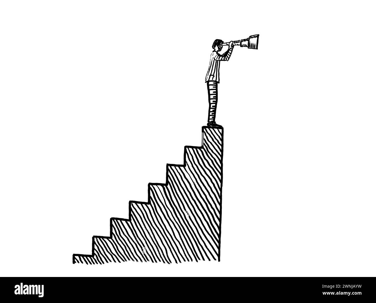 Freihändige Zeichnung eines Geschäftsmannes, der auf einer Treppe steht und durch ein Spyglass schaut. Metapher für Aspiration, Vision, Weitblick Stockfoto