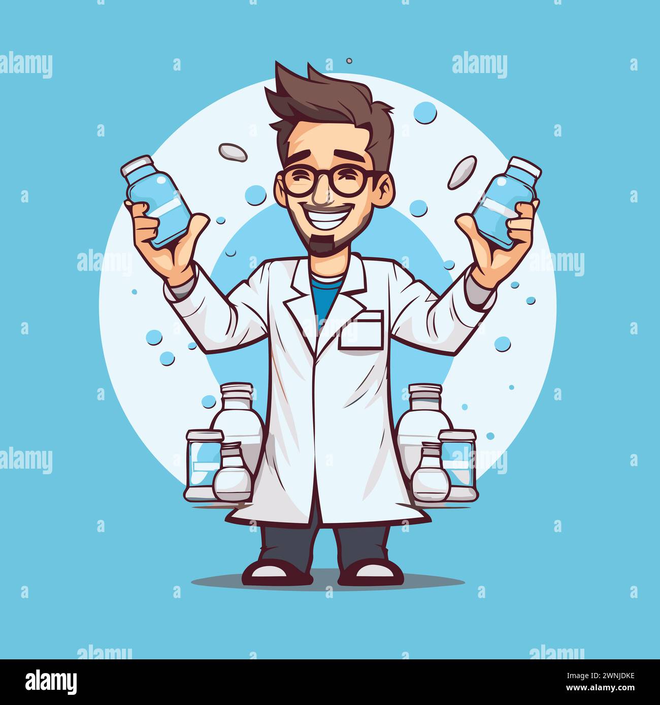 Cartoonarzt mit Arzneiflaschen. Vektorillustration im Cartoon-Stil. Stock Vektor