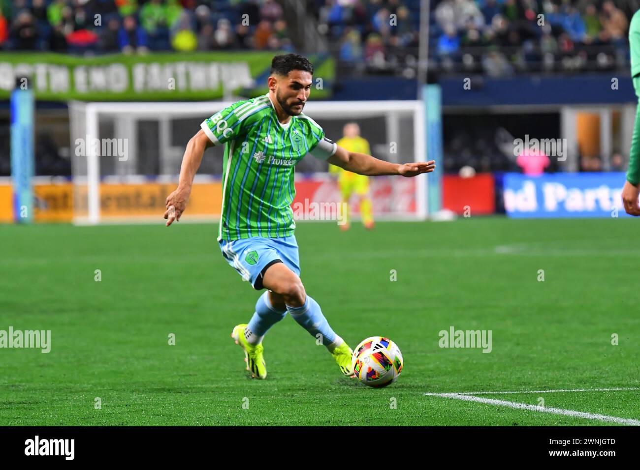 2. März 2024: Der Mittelfeldspieler Cristian Roldan von Seattle Sounders (7) während des MLS-Fußballspiels zwischen den Seattle Sounders und Auston FC in Seattle, WA. Das Spiel endete mit einer Unentschieden von Null. Steve Faber/CSM Stockfoto