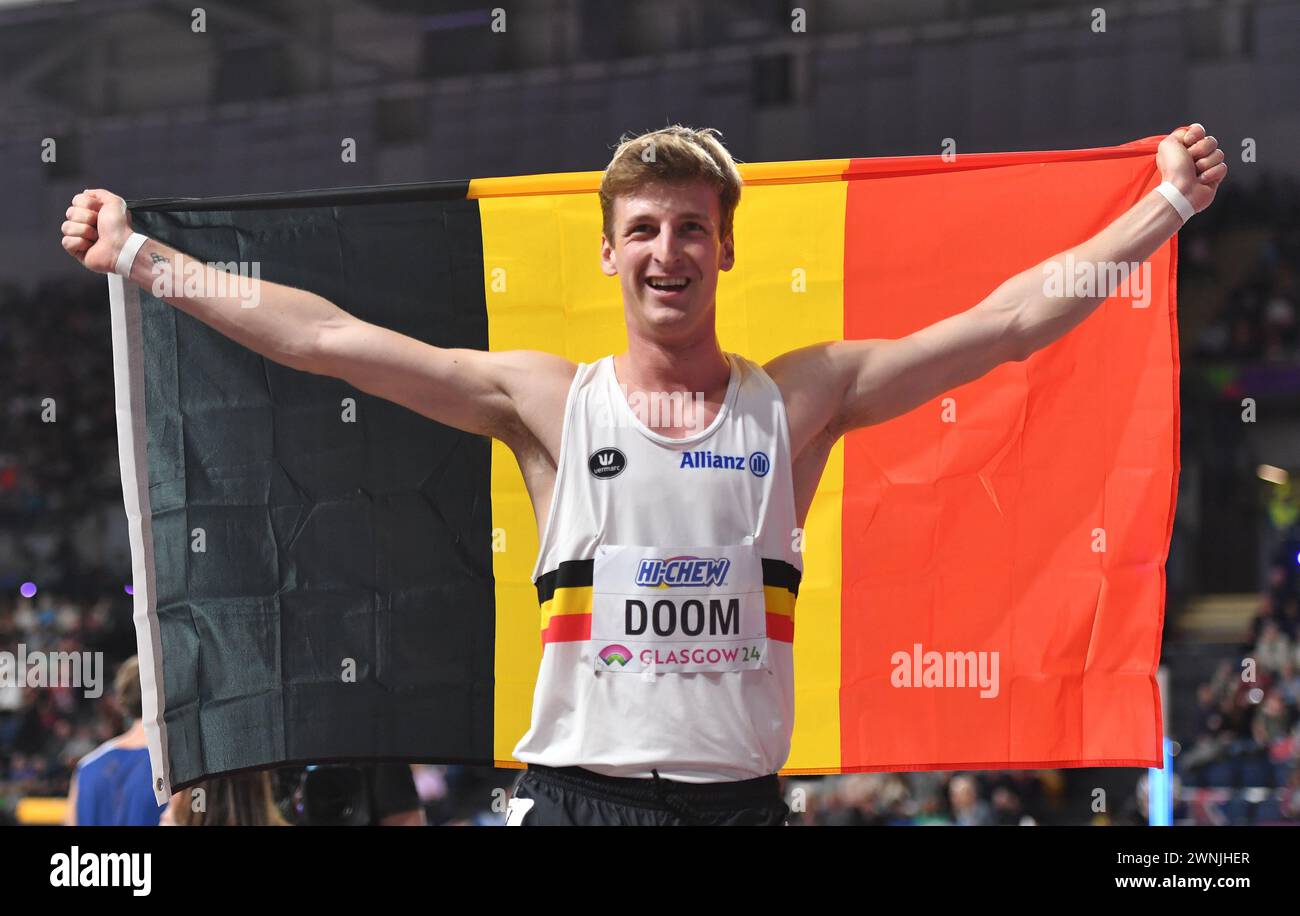 Glasgow, Großbritannien. März 2024. Alexander Doom aus Belgien feiert, nachdem er das 400-Meter-Finale der Männer bei den Leichtathletik-Hallenweltmeisterschaften 2024 in Glasgow, Großbritannien, am 2. März 2024 gewonnen hat. Quelle: Mark Runnacles/Xinhua/Alamy Live News Stockfoto