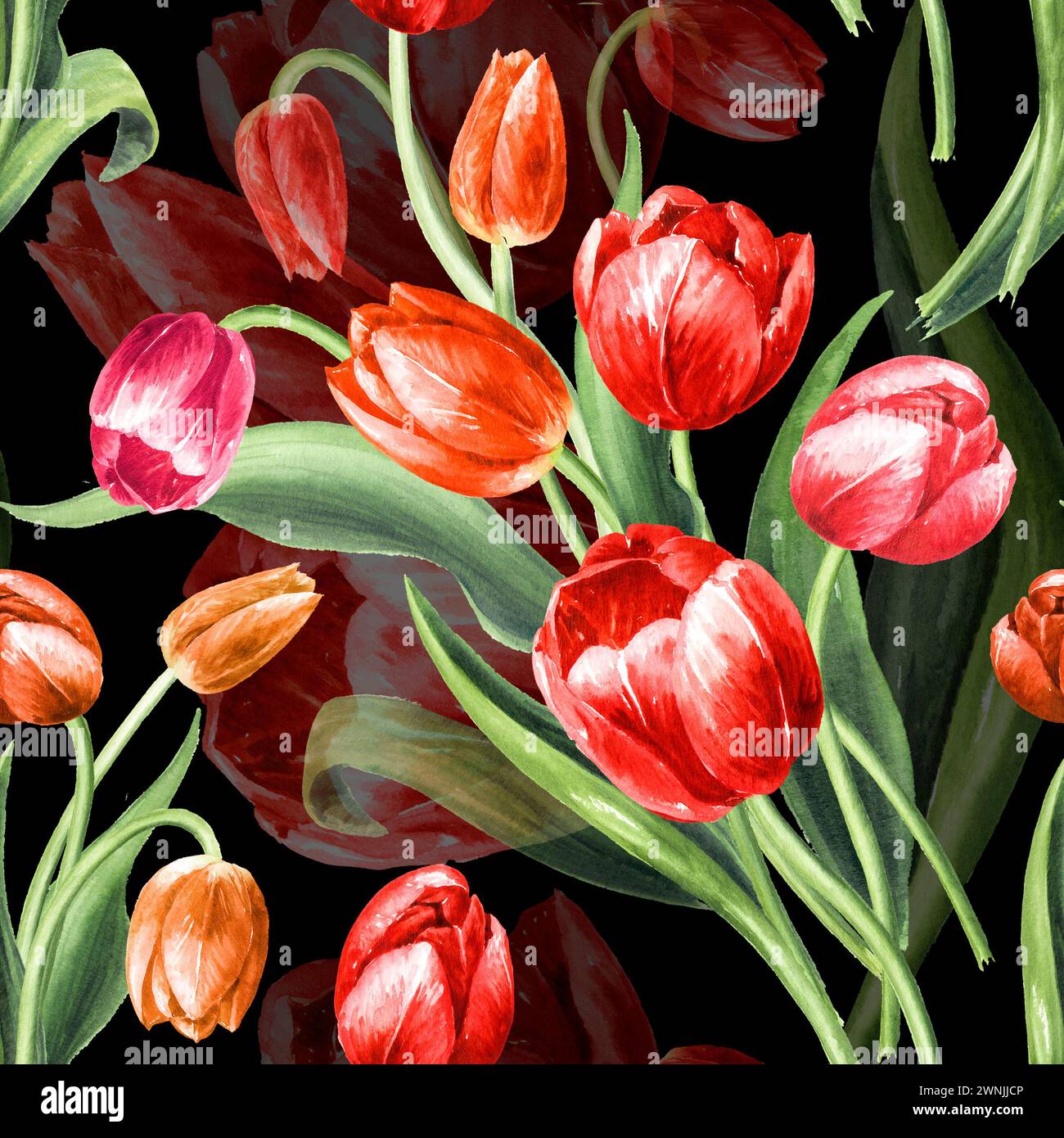 Rote Tulpen. Handgezeichnetes nahtloses Aquarellmuster Stockfoto