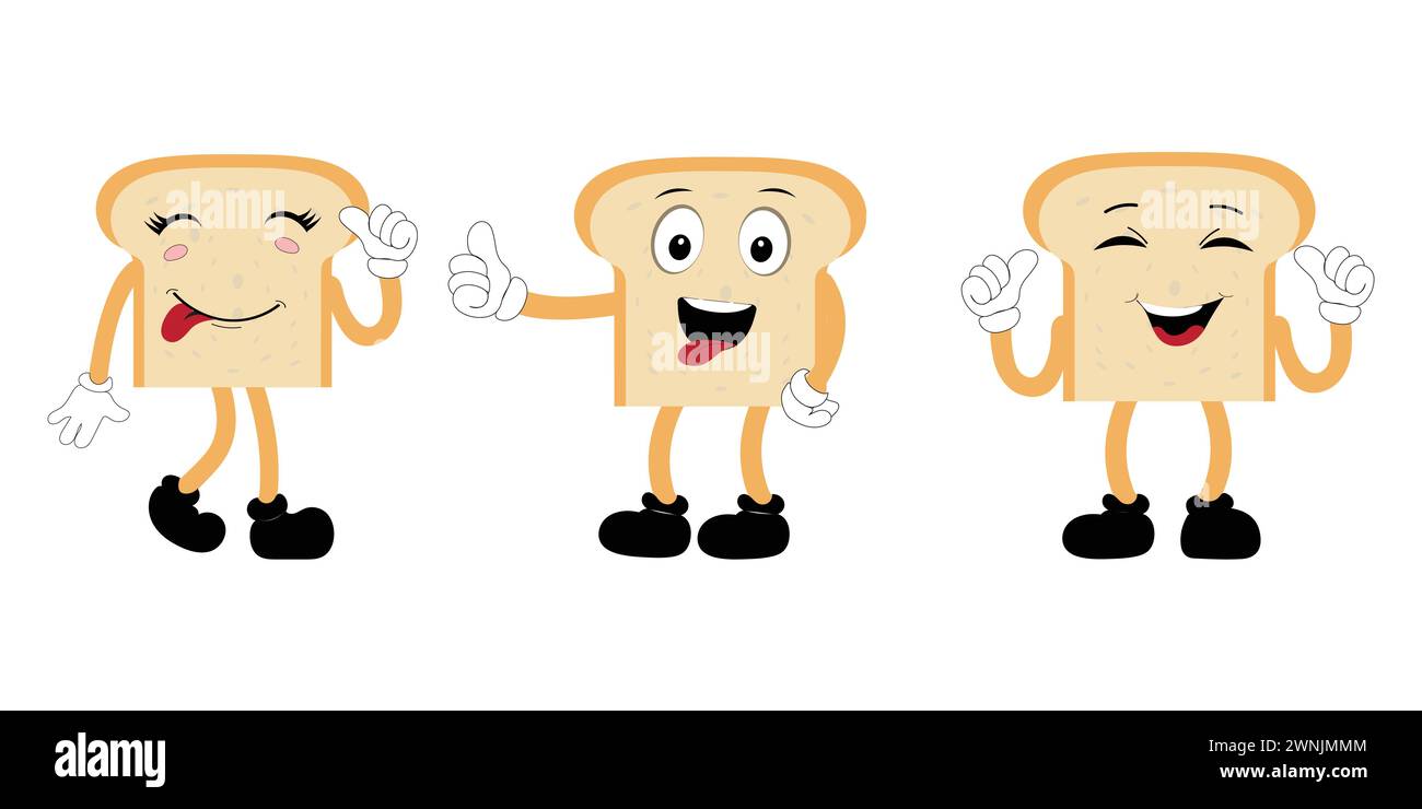 Happy Bread Slice Cartoon Mascot Charakter, lustige Sandwich Cartoon Vintage Brotcharakter Retro Style Brot Logo Vektor Illustration 60er Jahre 70er Jahre Stock Vektor