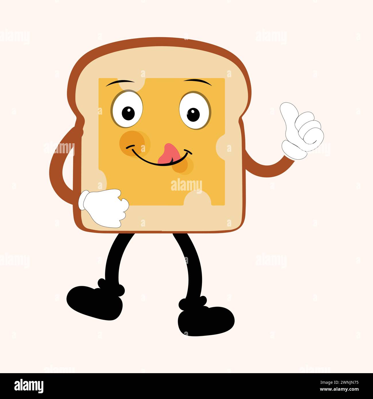 Happy Bread Slice Cartoon Mascot Charakter, lustige Sandwich Cartoon Vintage Brotcharakter Retro Style Brot Logo Vektor Illustration 60er Jahre 70er Jahre Stock Vektor