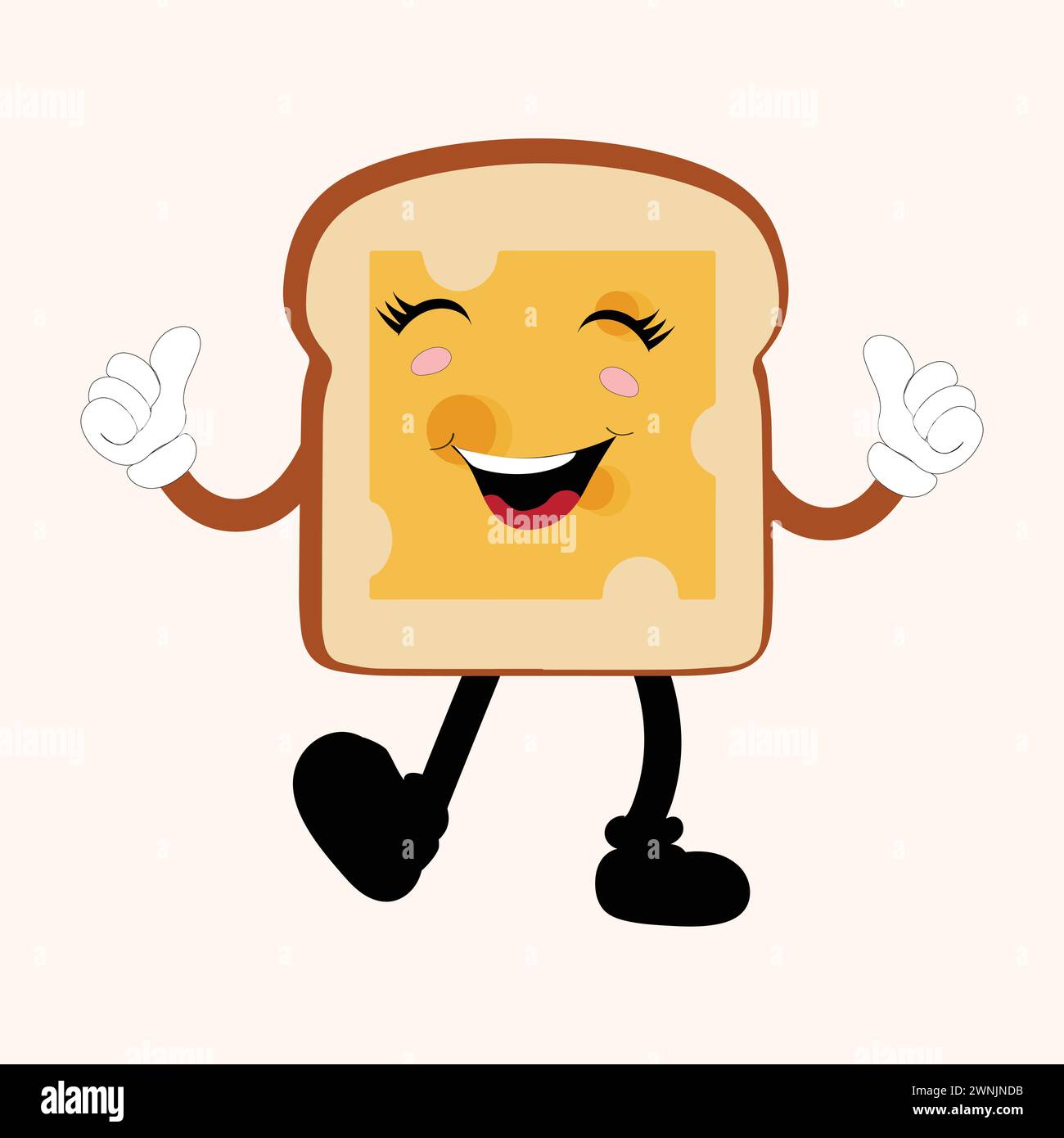 Happy Bread Slice Cartoon Mascot Charakter, lustige Sandwich Cartoon Vintage Brotcharakter Retro Style Brot Logo Vektor Illustration 60er Jahre 70er Jahre Stock Vektor