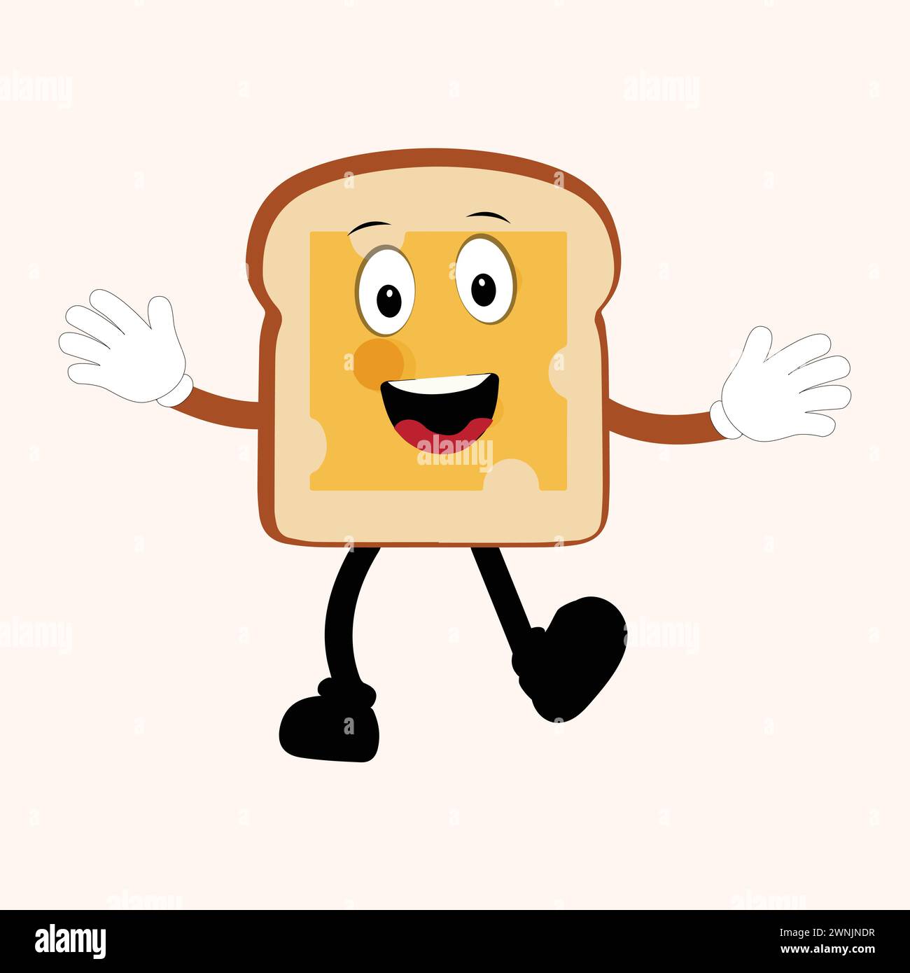 Happy Bread Slice Cartoon Mascot Charakter, lustige Sandwich Cartoon Vintage Brotcharakter Retro Style Brot Logo Vektor Illustration 60er Jahre 70er Jahre Stock Vektor