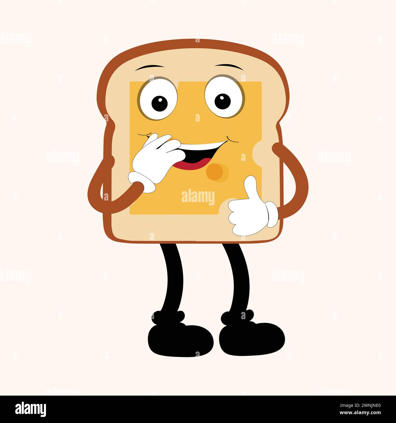 Happy Bread Slice Cartoon Mascot Charakter, lustige Sandwich Cartoon Vintage Brotcharakter Retro Style Brot Logo Vektor Illustration 60er Jahre 70er Jahre Stock Vektor
