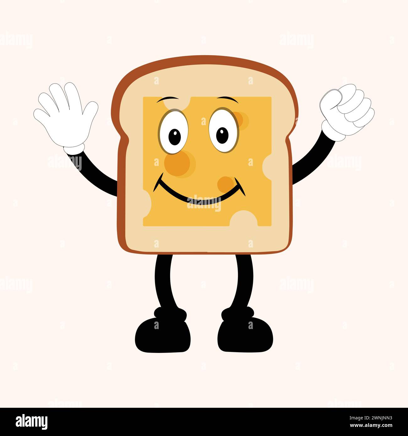 Happy Bread Slice Cartoon Mascot Charakter, lustige Sandwich Cartoon Vintage Brotcharakter Retro Style Brot Logo Vektor Illustration 60er Jahre 70er Jahre Stock Vektor
