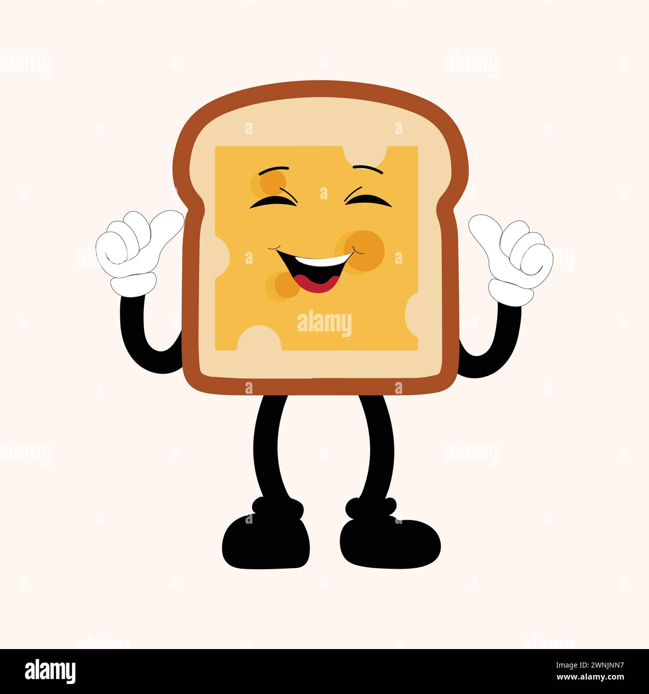 Happy Bread Slice Cartoon Mascot Charakter, lustige Sandwich Cartoon Vintage Brotcharakter Retro Style Brot Logo Vektor Illustration 60er Jahre 70er Jahre Stock Vektor