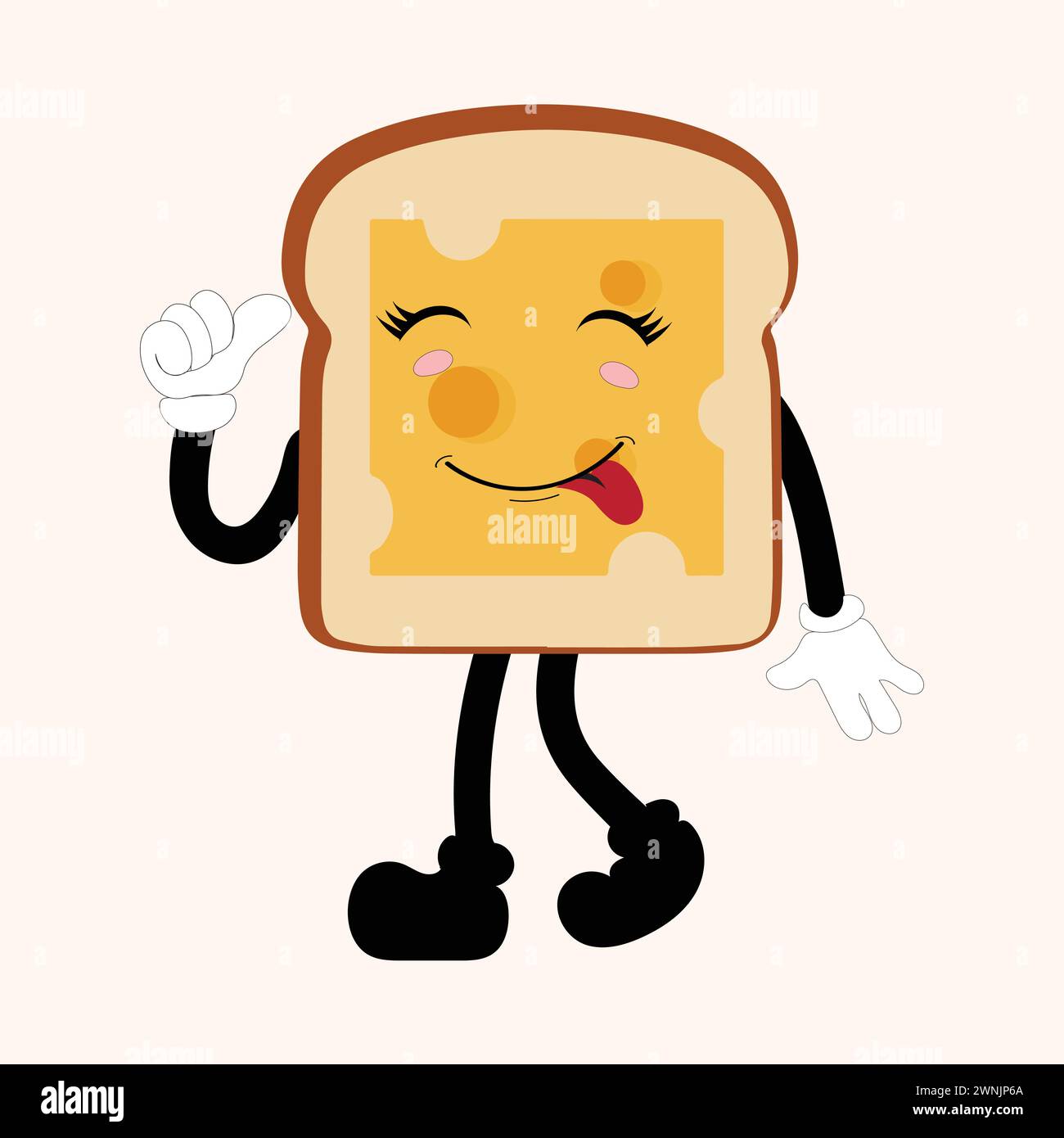 Happy Bread Slice Cartoon Mascot Charakter, lustige Sandwich Cartoon Vintage Brotcharakter Retro Style Brot Logo Vektor Illustration 60er Jahre 70er Jahre Stock Vektor