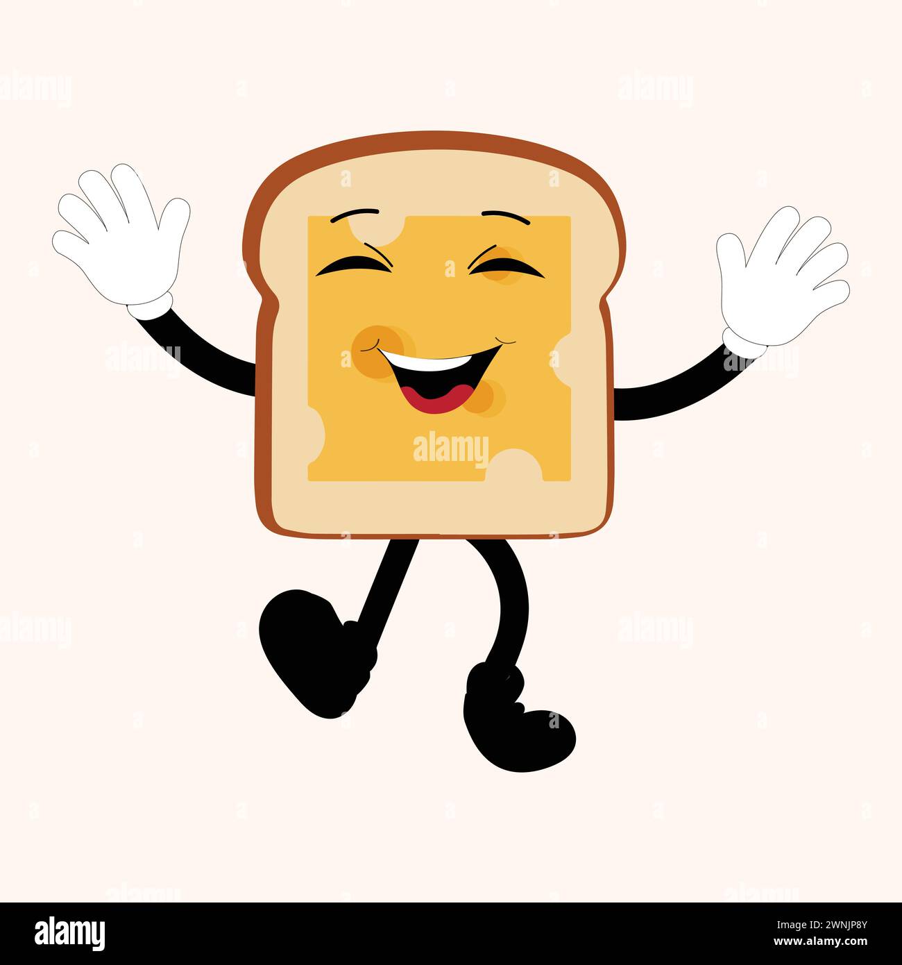 Happy Bread Slice Cartoon Mascot Charakter, lustige Sandwich Cartoon Vintage Brotcharakter Retro Style Brot Logo Vektor Illustration 60er Jahre 70er Jahre Stock Vektor