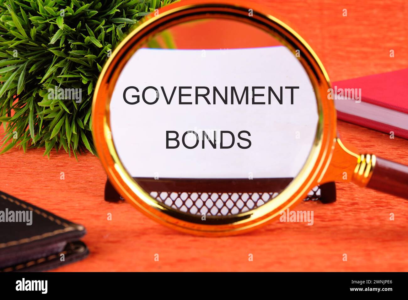 Text von Staatsanleihen auf einer Visitenkarte durch eine Lupe auf orangefarbenem Hintergrund Stockfoto