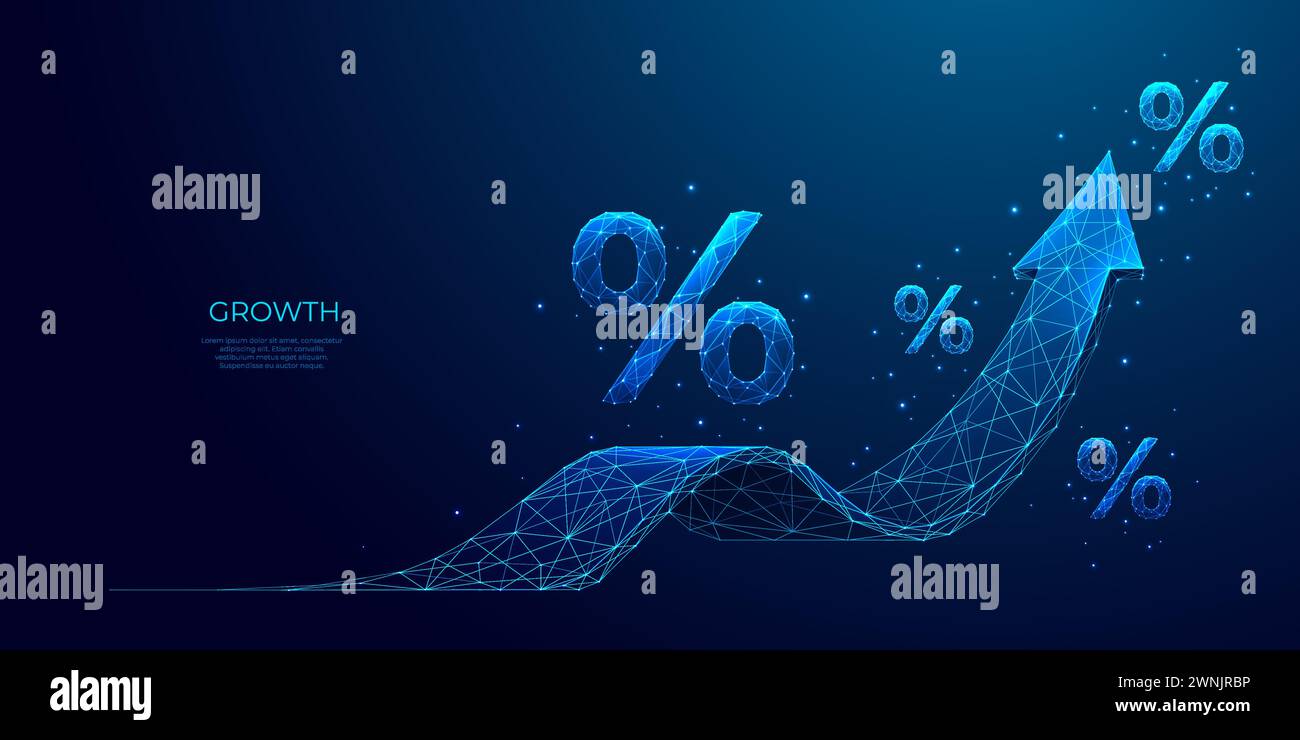 Polygonale Symbole mit Pfeil nach oben und Prozent auf blauem Hintergrund der Technologie. Stock Vektor
