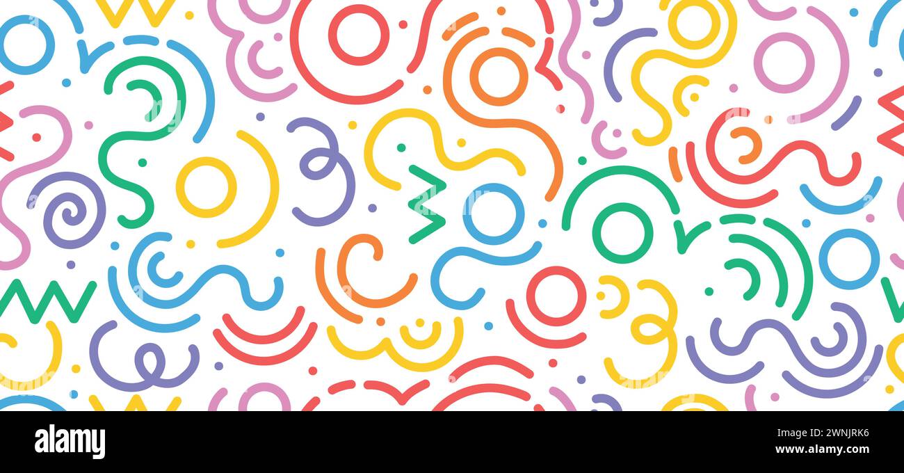 Lustiges, farbenfrohes, nahtloses Muster mit Linienmuster. Kreativer, minimalistischer Kunsthintergrund für Kinder oder trendiges Design mit einfachen Formen. Einfache Party Stock Vektor