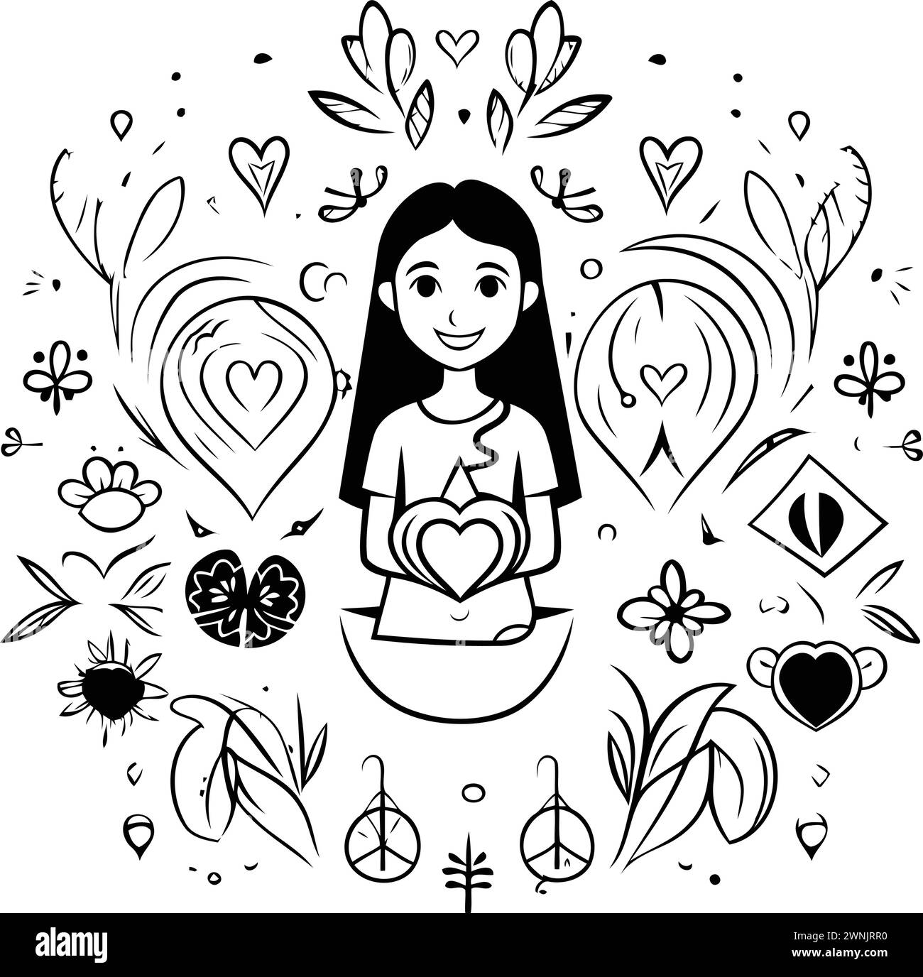 Vektor-Illustration eines Mädchens in Lotusposition umgeben von Blumen und Herzen. Stock Vektor