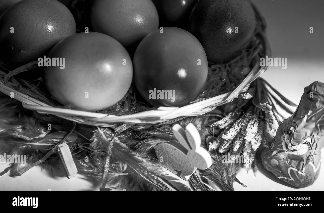 01.03.2024, Handenberg, AUT, unterwegs in Oberösterreich, Themenbild, Verschiedene Themenbilder, Symbolbild, Ostern, Ostereier, Osterei, Schriftzug, im Bild Osternest, Ostergrüße, Frohe Ostern Gruß auf einem Osterhase in einem vollen Osternest mit bunten Ostereiern, *** 01 03 2024, Handenberg, AUT, unterwegs in Oberösterreich, Themenbild, verschiedene Themenbilder, Symbolbild, Ostern, Ostereier, Osterei, Osterei, Schriftzug, im Bild Osternest, Ostergrüße, frohe Ostergrüße auf einem Osterhasen in einem vollen Osternest mit bunten Ostereiern, Stockfoto