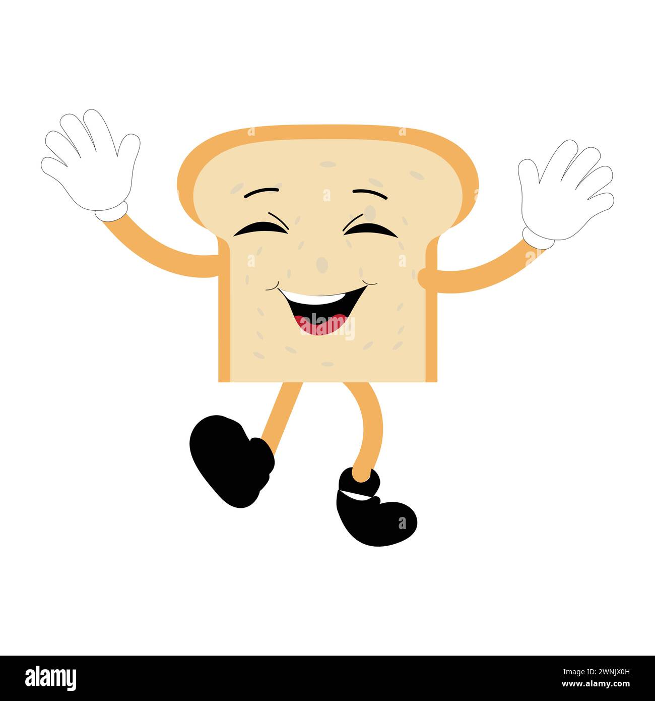 Happy Bread Slice Cartoon Mascot Charakter, lustige Sandwich Cartoon Vintage Brotcharakter Retro Style Brot Logo Vektor Illustration 60er Jahre 70er Jahre Stock Vektor