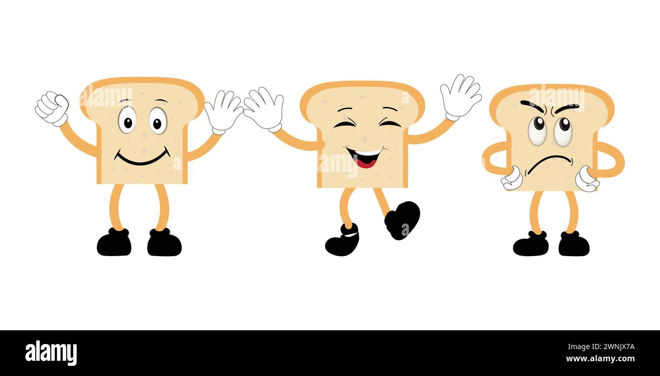 Happy Bread Slice Cartoon Mascot Charakter, lustige Sandwich Cartoon Vintage Brotcharakter Retro Style Brot Logo Vektor Illustration 60er Jahre 70er Jahre Stock Vektor