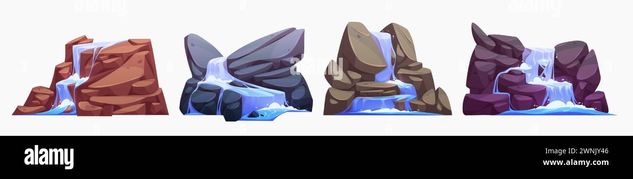 Kaskadenwasserfall mit Dschungelfluss und Fall von hohen felsigen Klippen. Zeichentrickvektor-Illustration Set von Wasser in Strömung Überschwemmung unten von Steinen. T Stock Vektor