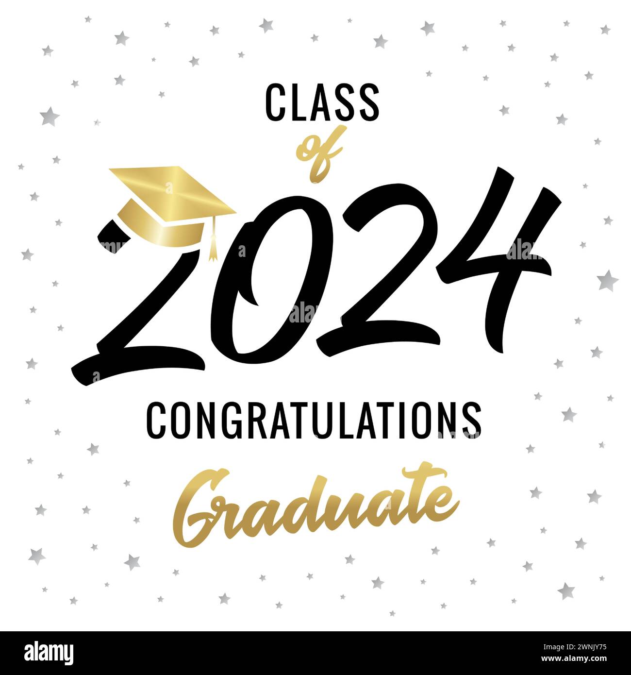 Abschlussklasse der 2024 Kalligraphie-Grußkarte. Klasse von 2024 Glückwunsch Abschluss mit goldenem quadratischem akademischem Cap. Vektorabbildung Stock Vektor