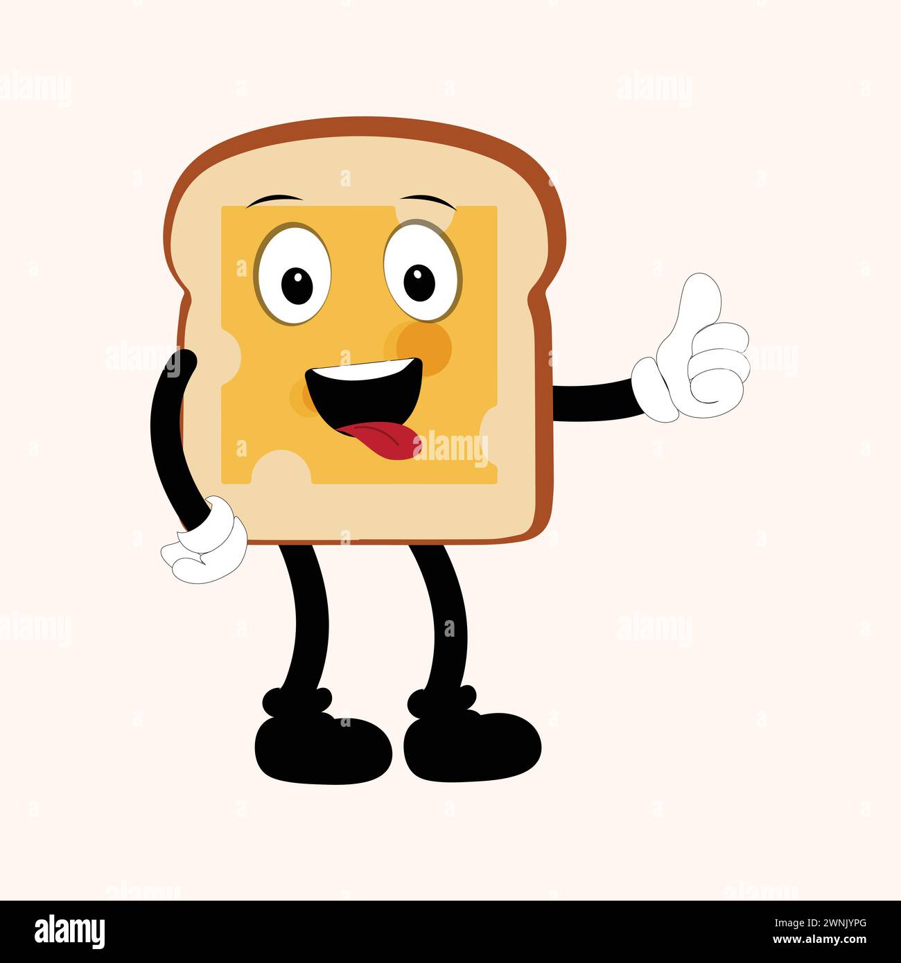 Happy Bread Slice Cartoon Mascot Charakter, lustige Sandwich Cartoon Vintage Brotcharakter Retro Style Brot Logo Vektor Illustration 60er Jahre 70er Jahre Stock Vektor