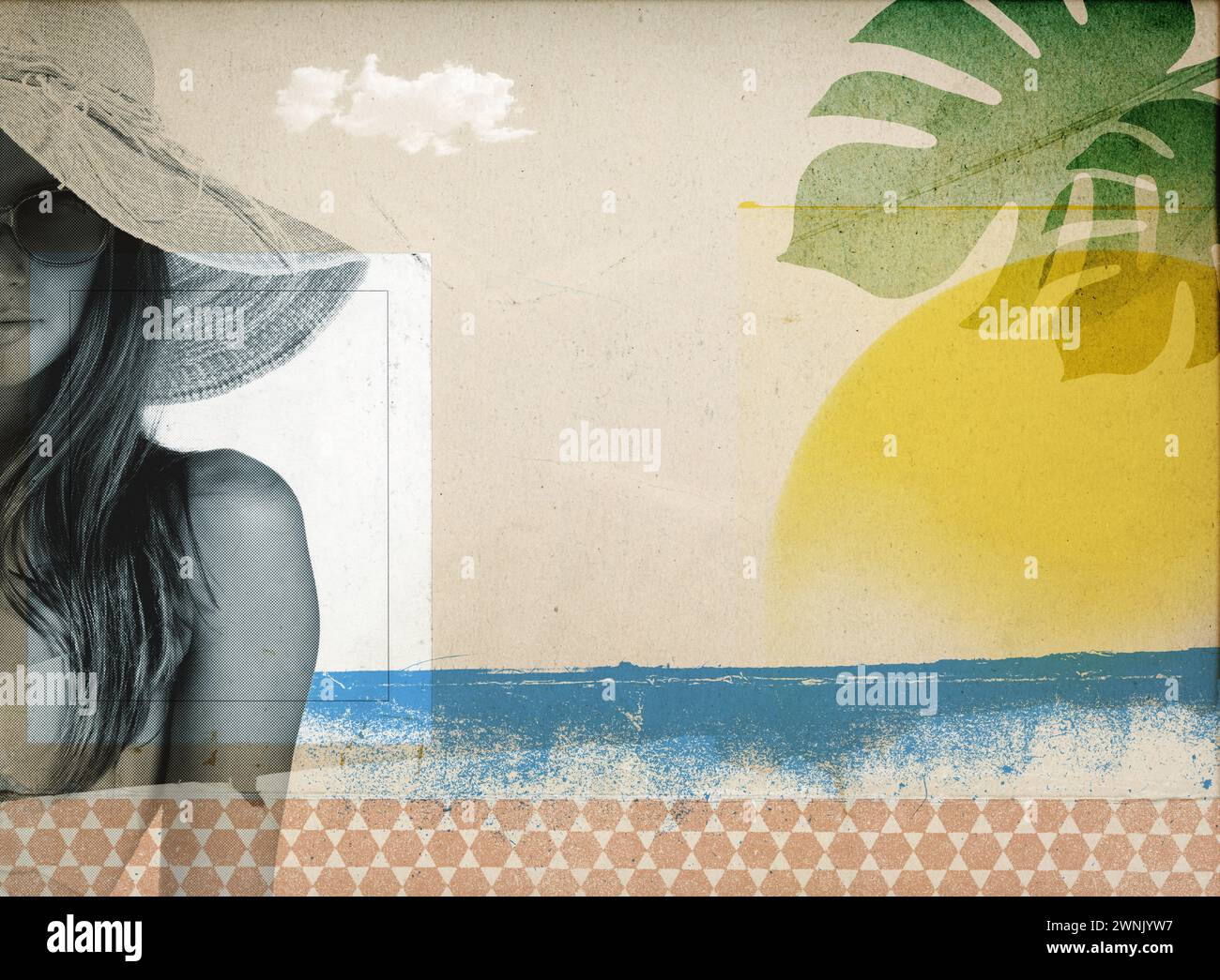 Sommerurlaub am Strand, Vintage-Collage-Poster mit wunderschönem Porträt junger Frauen Stockfoto