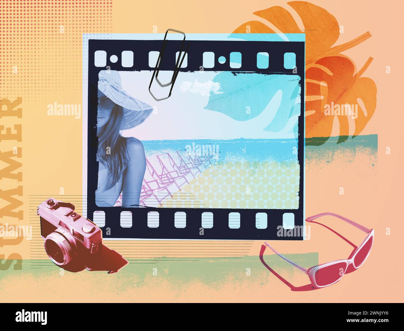 Retro-Poster Sommerurlaub mit Filmstreifen, Frau und Kamera Stockfoto