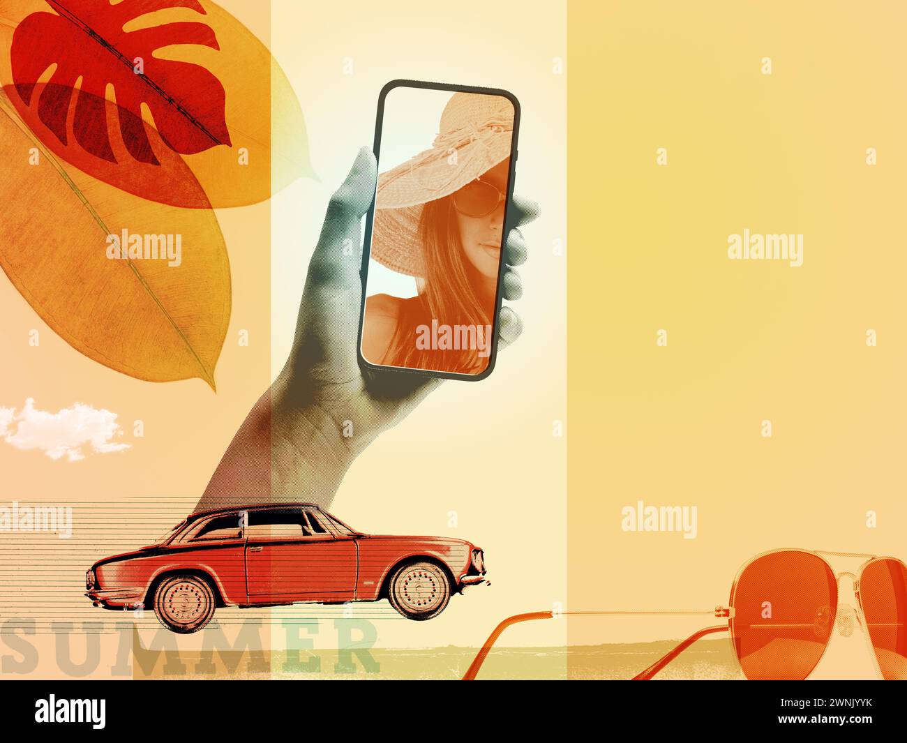 Oldtimer-Collage-Poster für Sommerferien: Hand hält ein Smartphone mit Selfie und Oldtimer Stockfoto