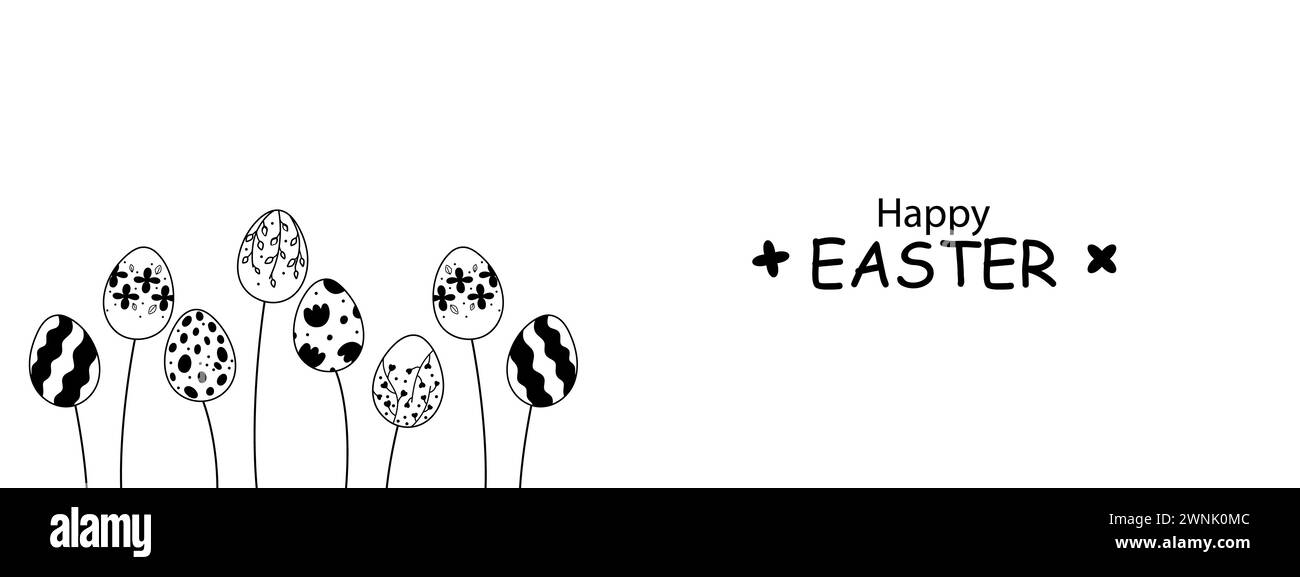 Kritzelbanner zur Osterdekoration. Silhouetten von Ostereiern, die wie Blumen im Vintage-Stil wachsen Stock Vektor