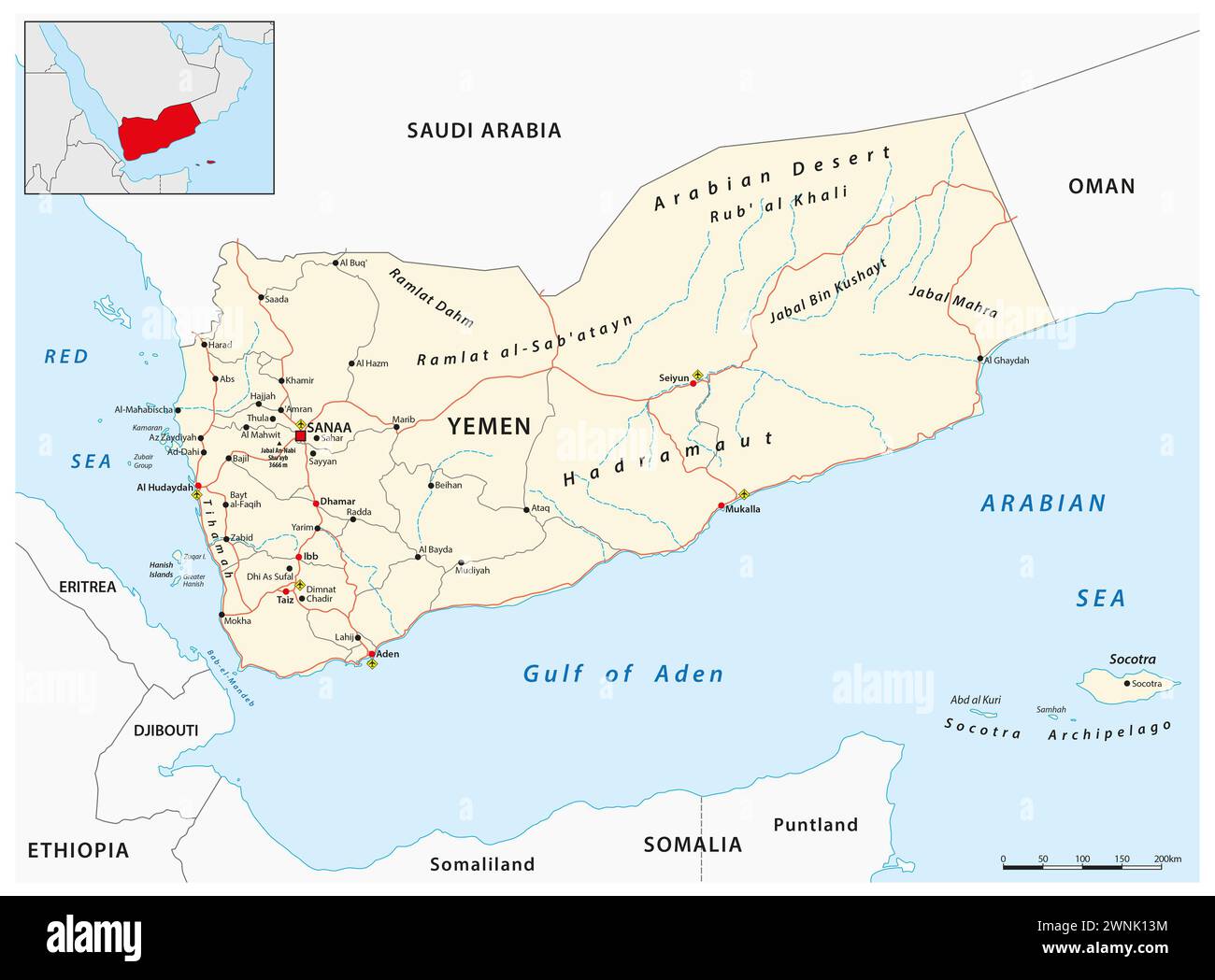 Detaillierte Vektor-Roadmap des Staates Jemen im Nahen Osten Stockfoto