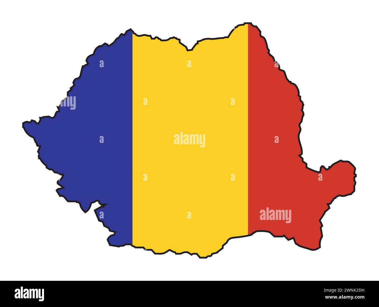Umrisse die Silhouettenkarte Rumäniens mit den Farben der Nationalflagge auf weißem Hintergrund Stock Vektor