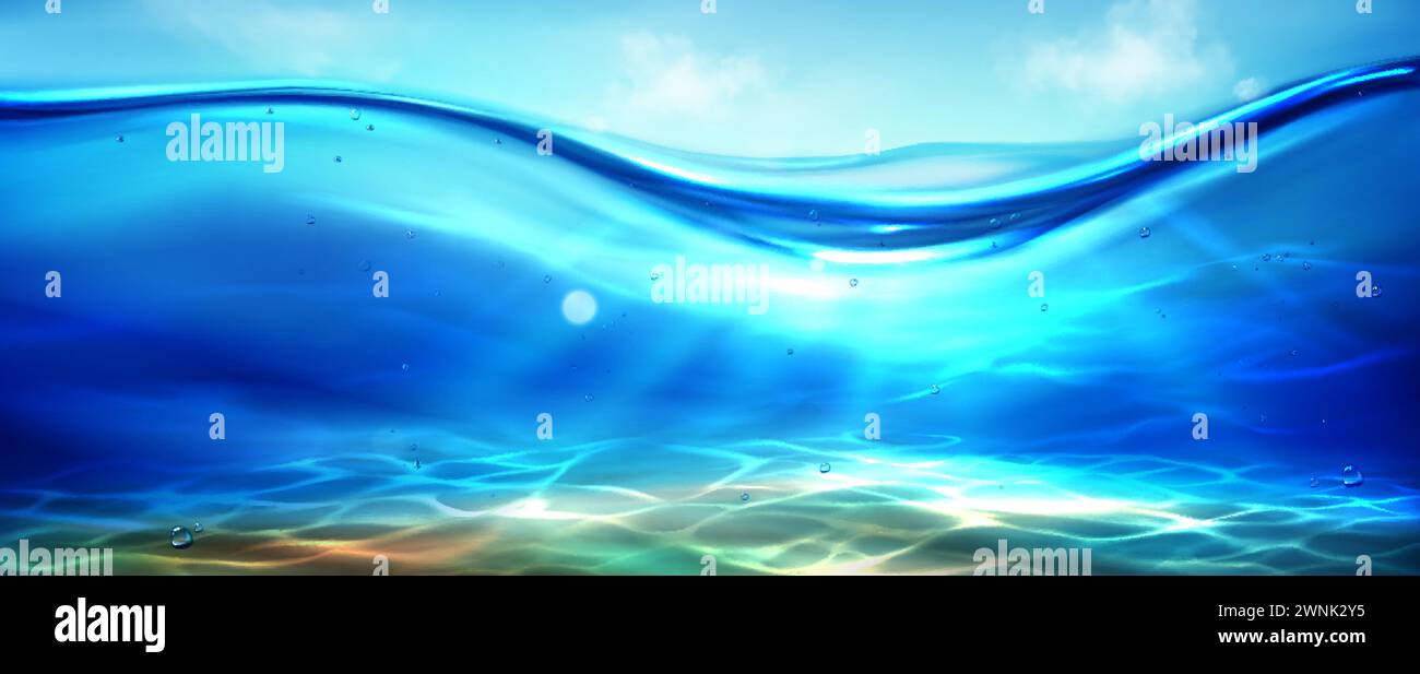Blick auf das Meer unter blauem Himmel. Vektor realistische Illustration des Unterwasserhintergrunds, Sonnenlichtstrahlen durchdringen Ozean, Fluss, Seewasser, Luftblase Stock Vektor
